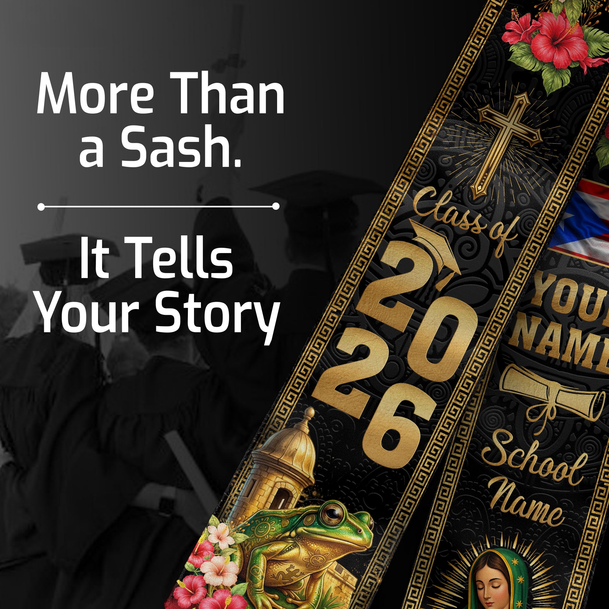 Custom Puerto Rico Graduation Stole 2026 – Guadalupe Cross Coqui Flag Sash