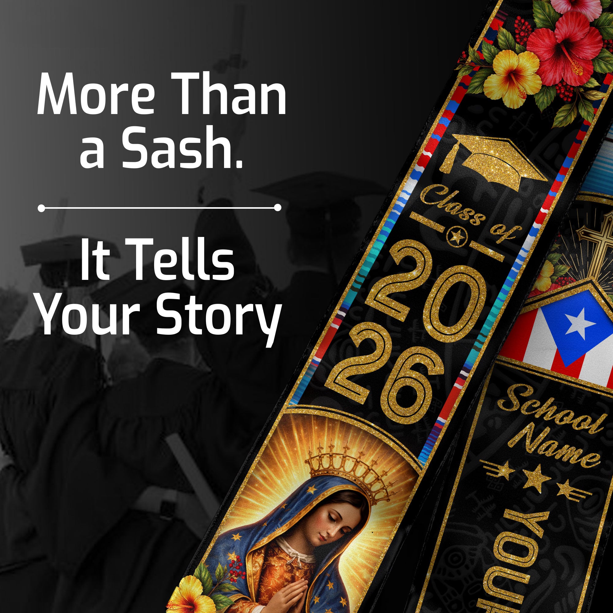 Puerto Rican Graduation Stole Custom 2026 Guadalupe Cross Flag Sash Gift