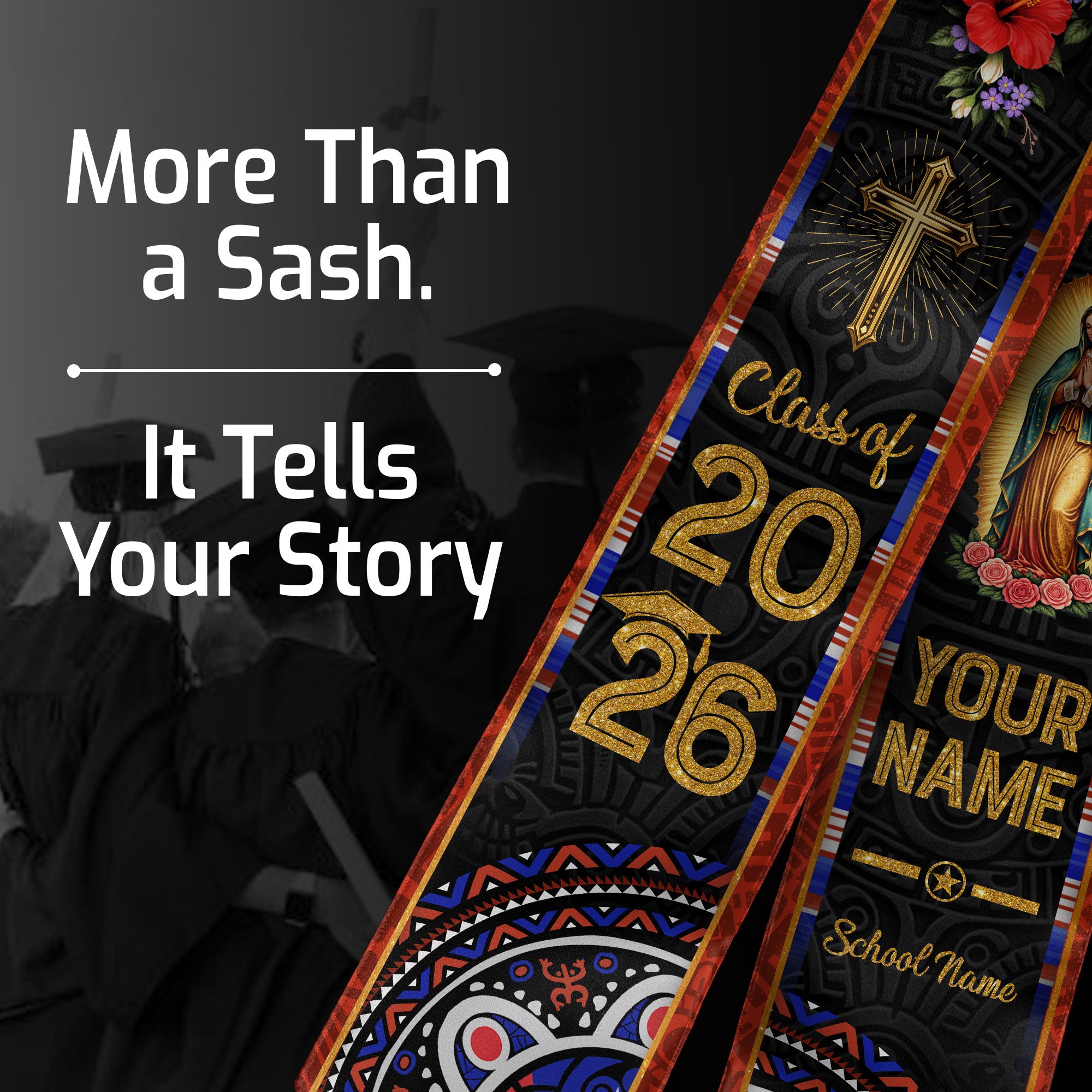 Custom Mexico Graduation Stole Class of 2026, Personalized Name Catholic Design