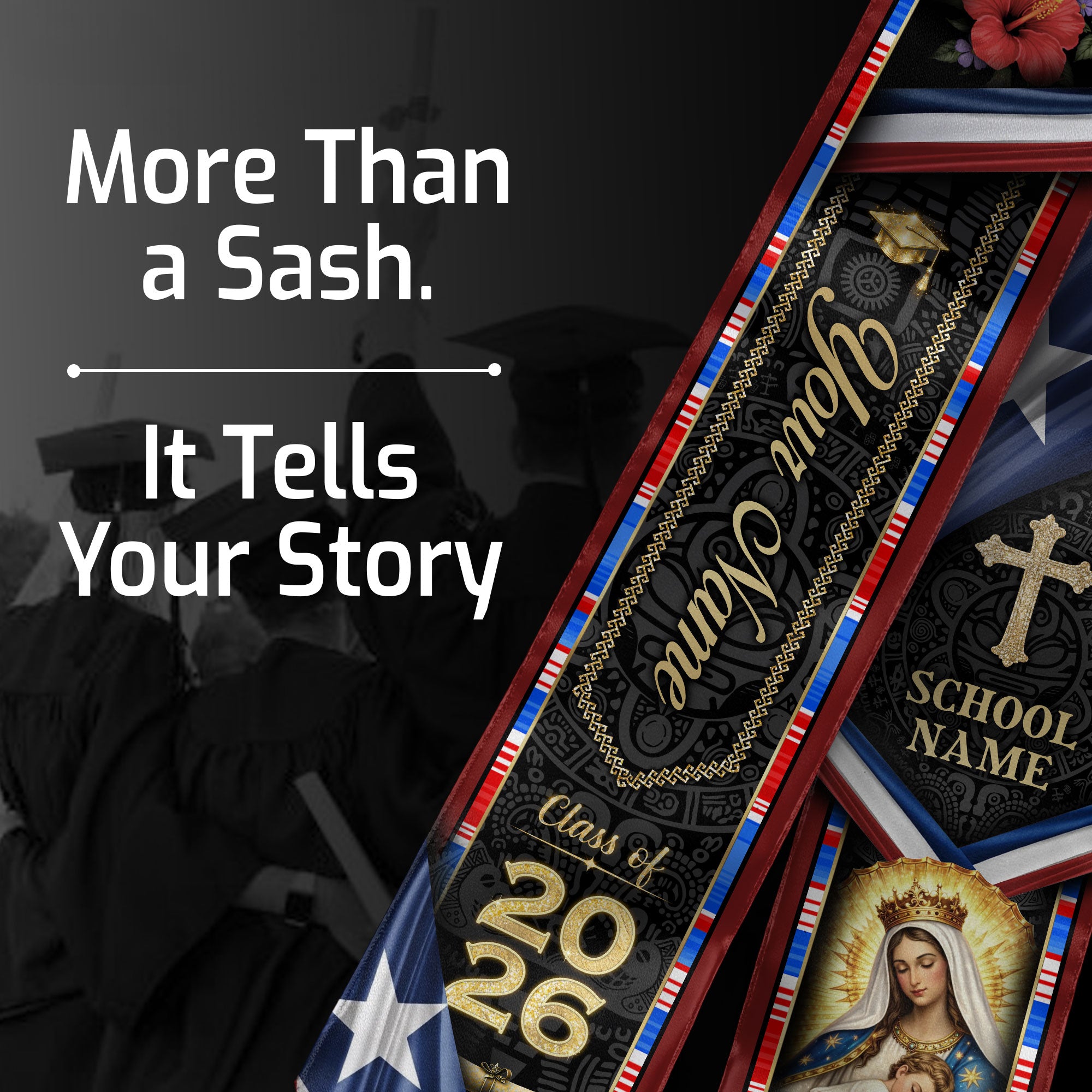 Puerto Rico Graduation Stole Class of 2026 - Custom Virgin Mary Heritage Sash