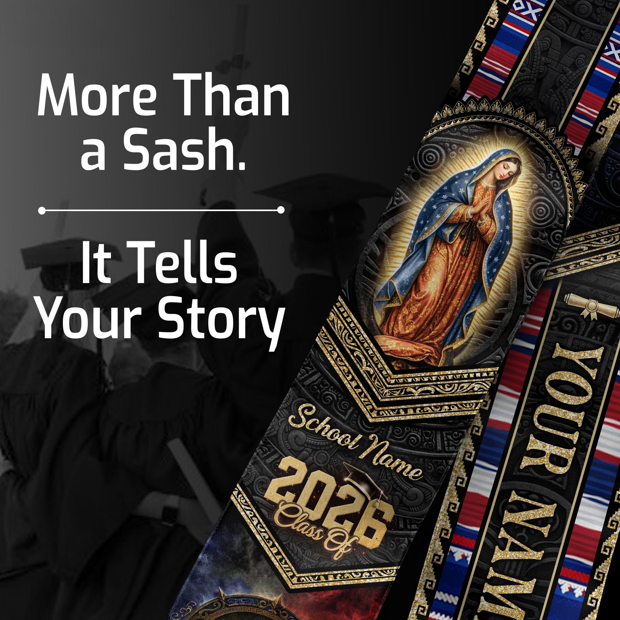 Custom Puerto Rico Graduation Stole 2026 - Our Lady of Guadalupe Coqui Frog Sash
