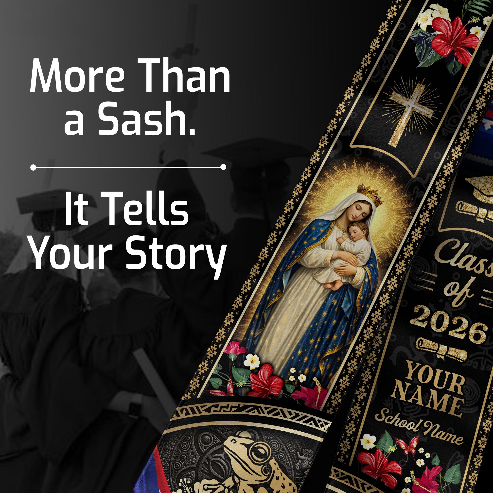 Custom Name Puerto Rico Graduation Stole 2026 - Virgin Mary & Coqui Heritage Print Sash