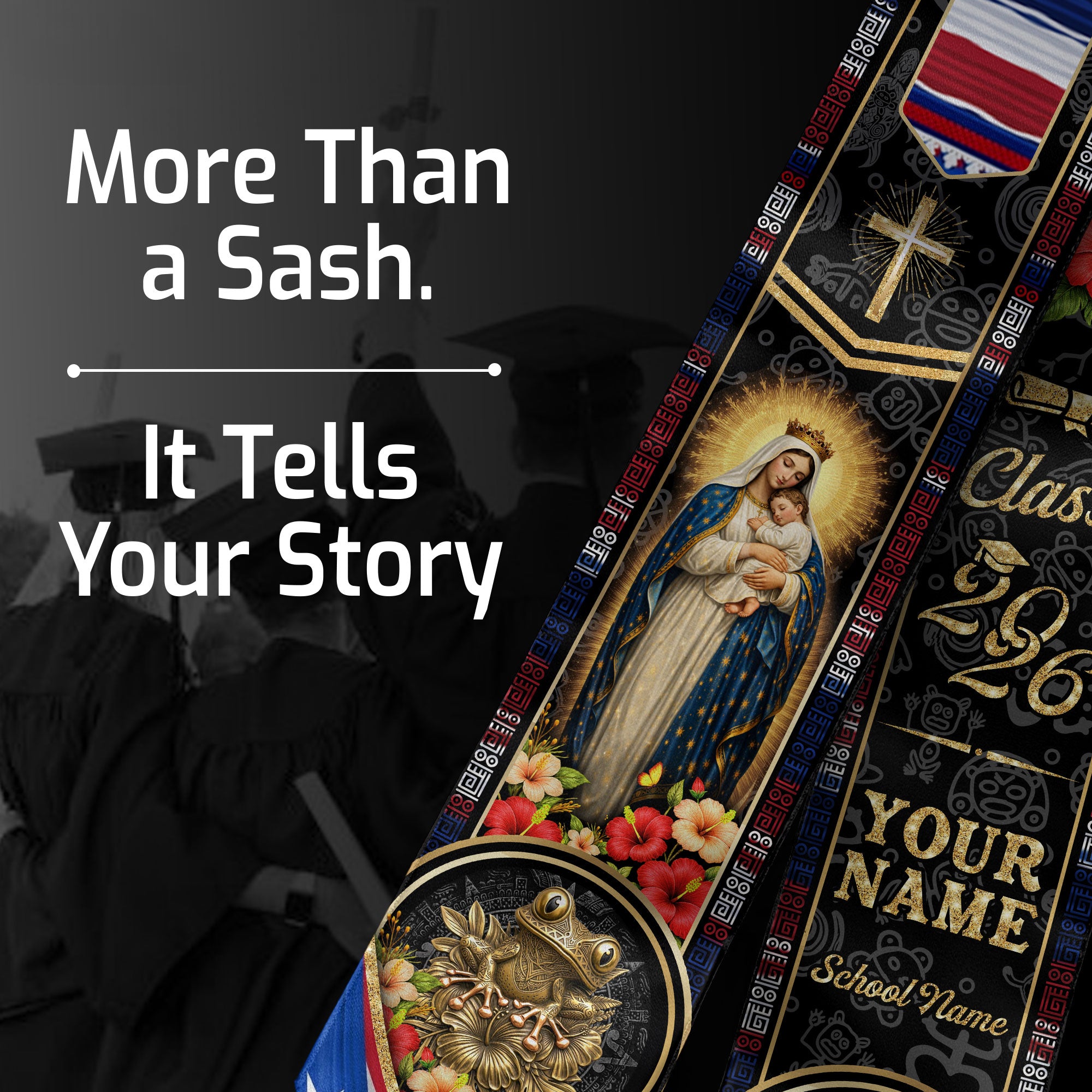 Custom Puerto Rico USA Graduation Stole 2026 Virgin Mary Cross Faith Flag Sash Gift