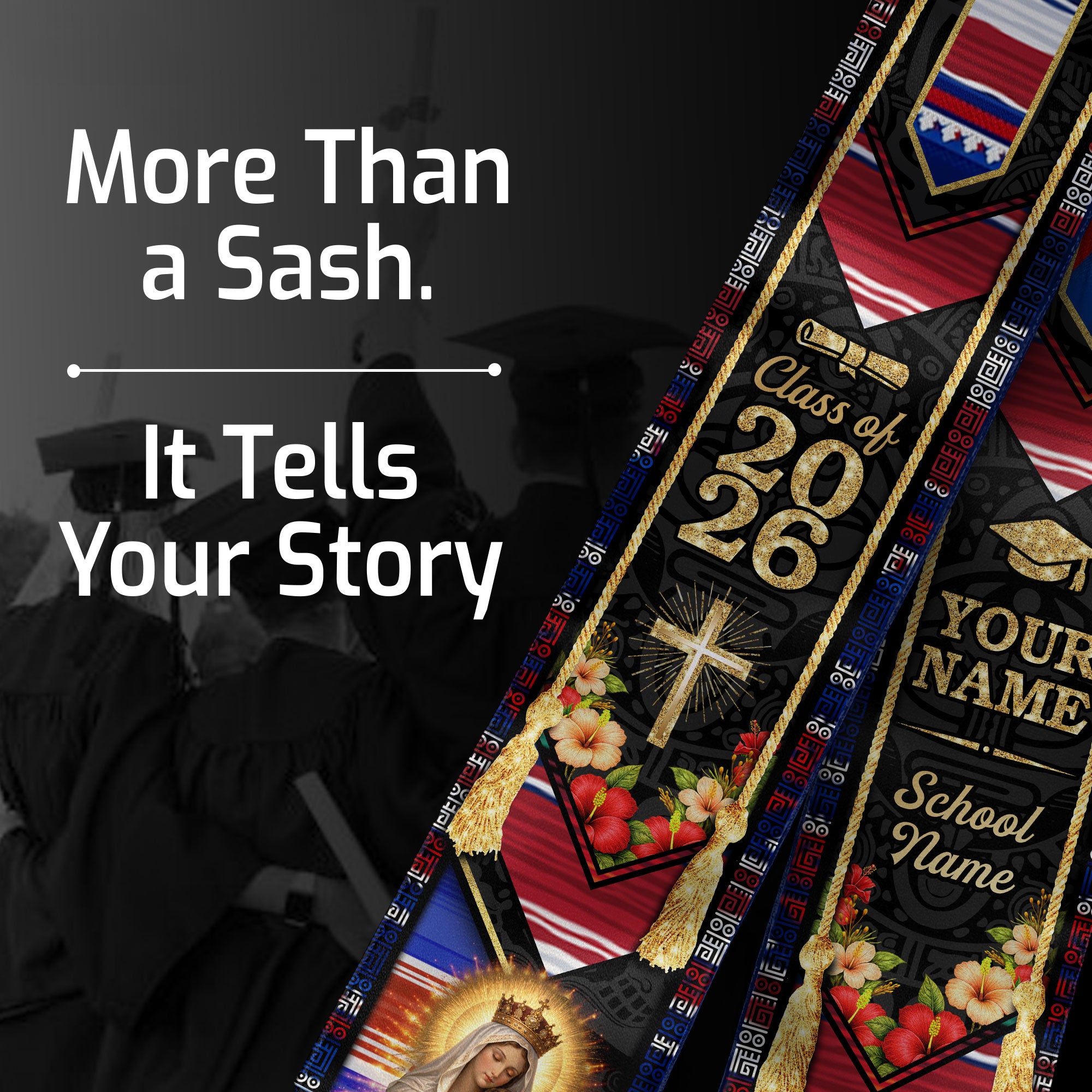 Custom Graduation Stole Class of 2026 Puerto Rico USA Virgin Mary Coqui Frog Personalized Name Sash