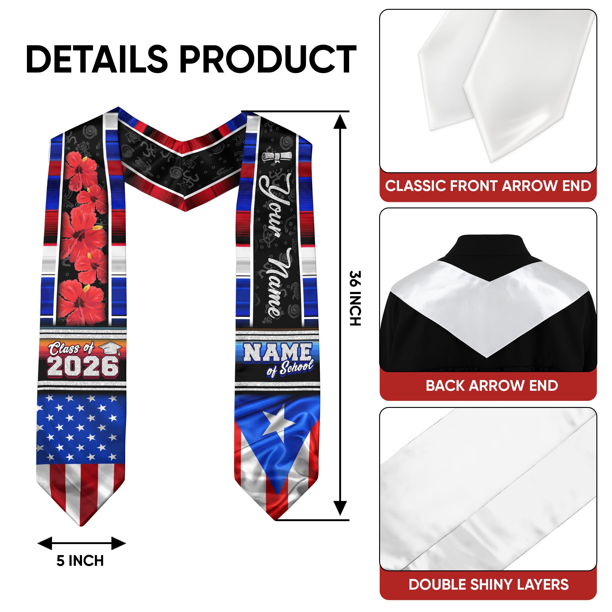Personalized Puerto Rican Graduation Stole 2026 Custom Name USA Flag Boricua Sash