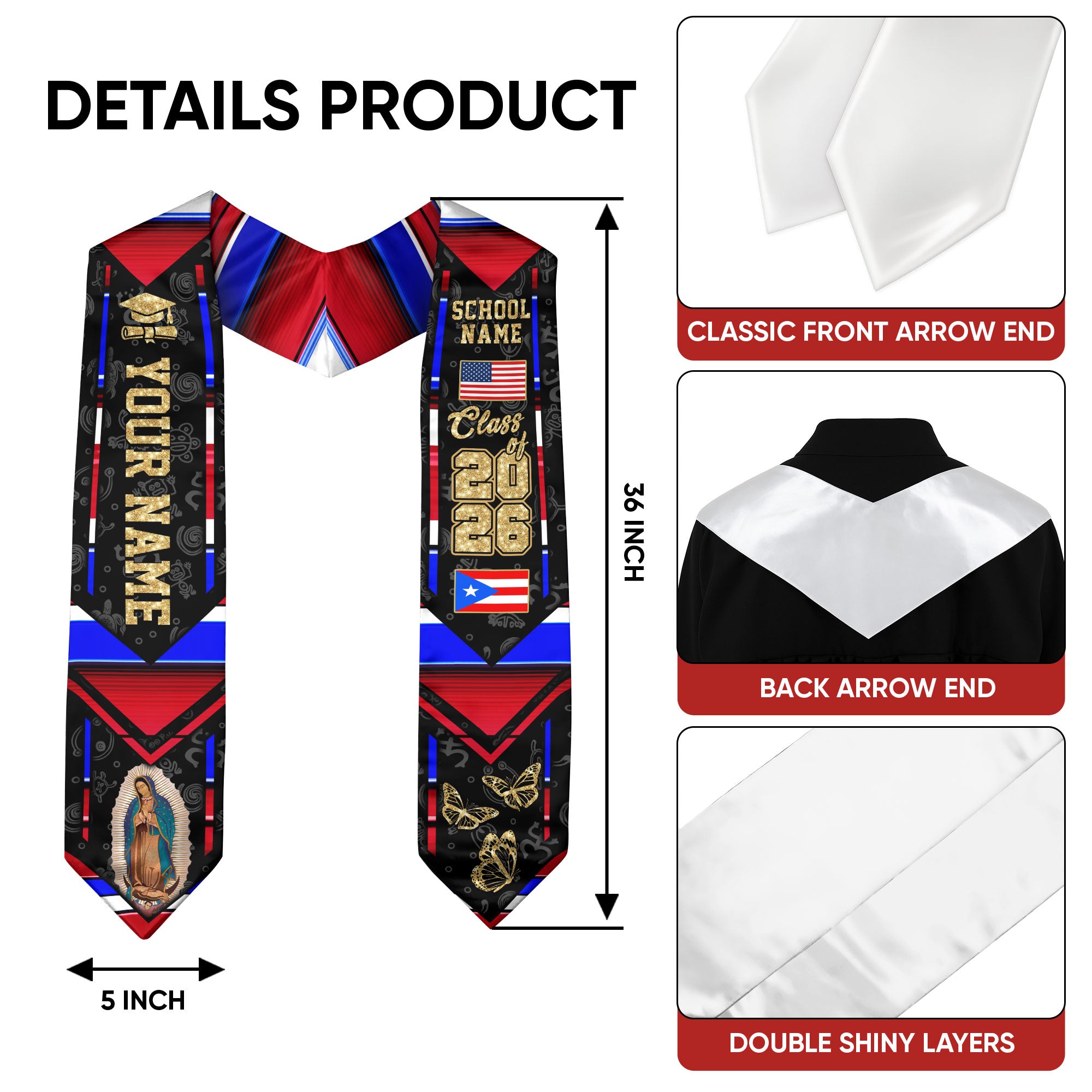Puerto Rico Heritage Graduation Sash 2026 Virgin Mary Floral Hibiscus Custom Stole