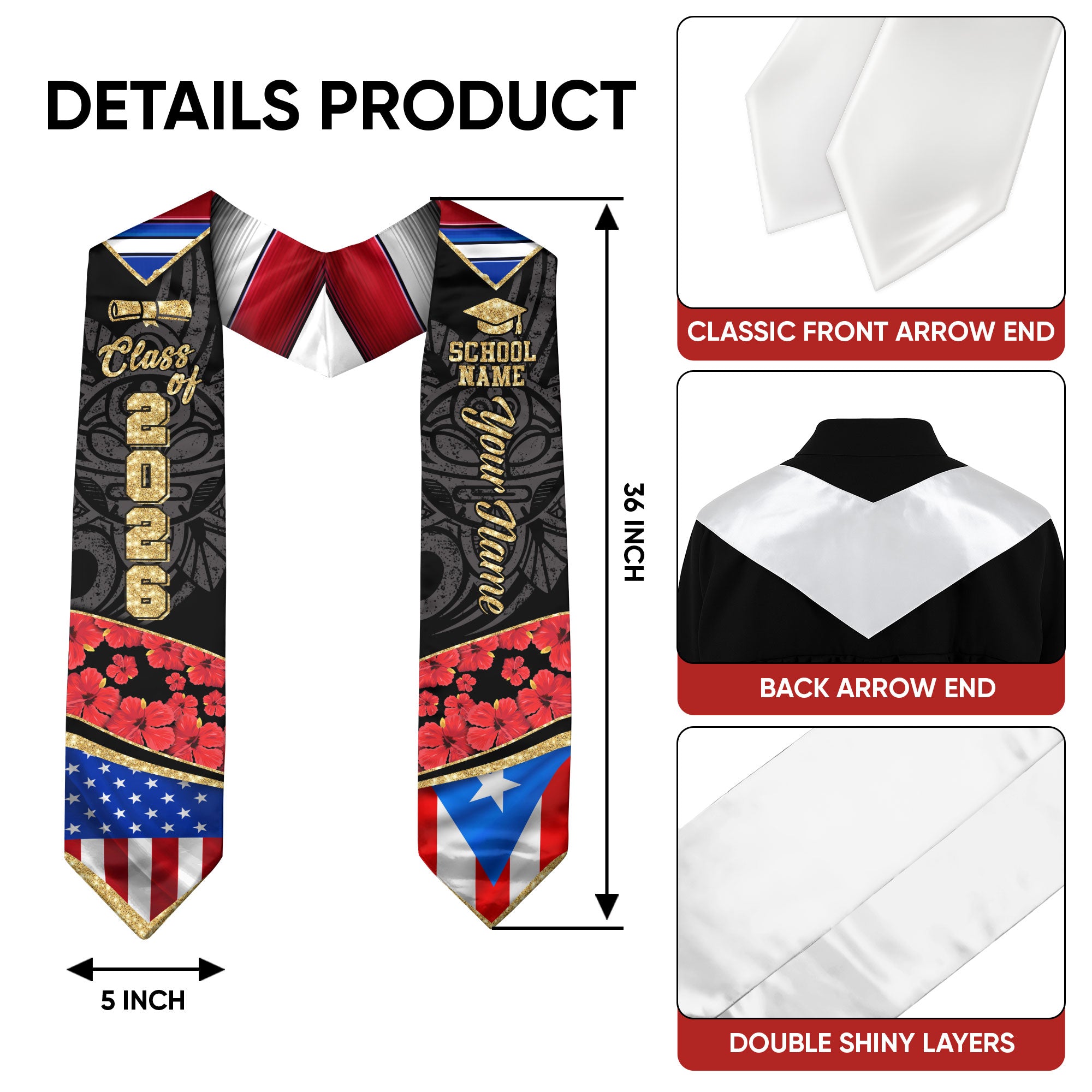 Custom Puerto Rico American Floral Hibiscus Flag Heritage Graduation Sash 2026 Stole