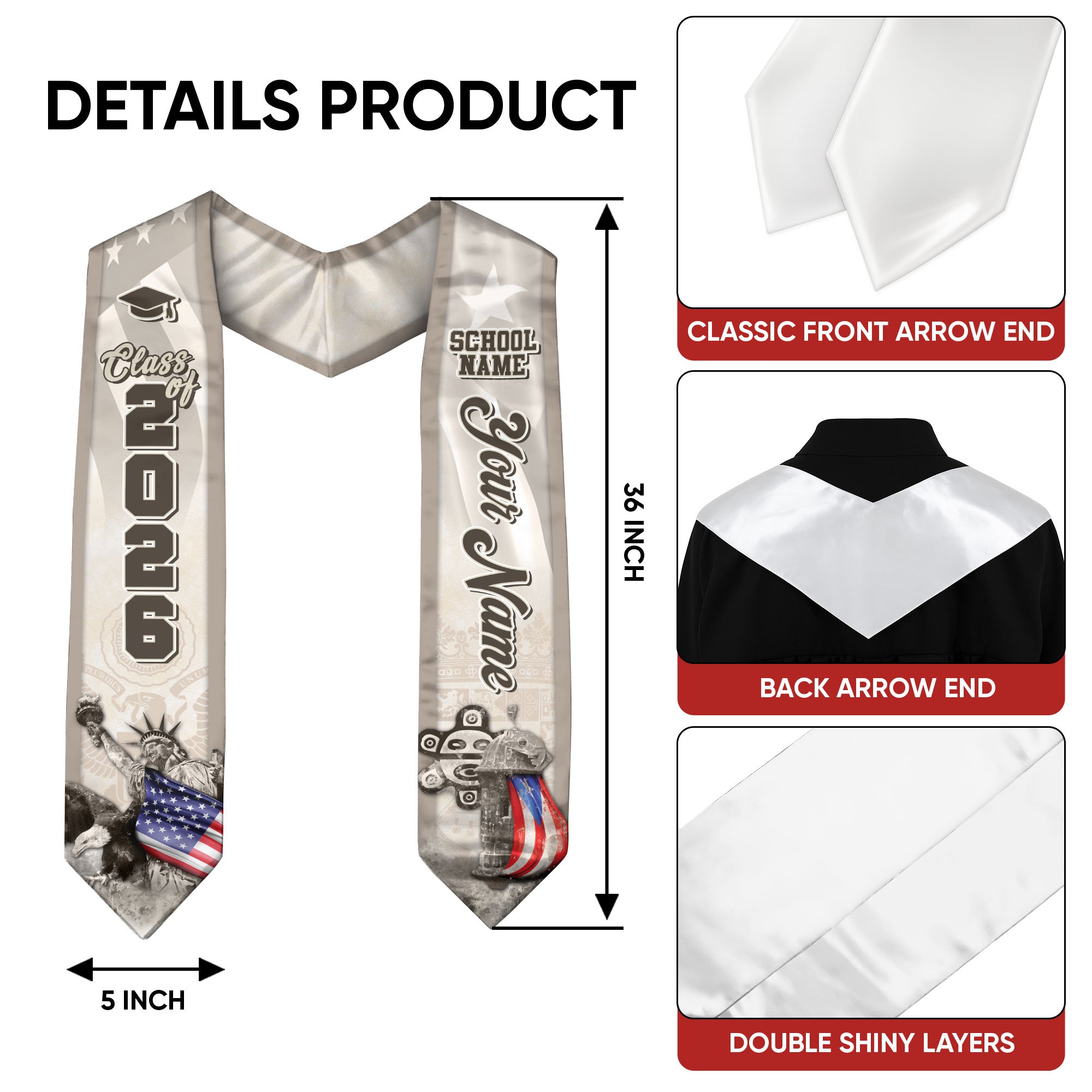 Puerto Rico Graduation Stole 2026 Statue of Liberty & Native Taino Mask Symbols Custom Sash