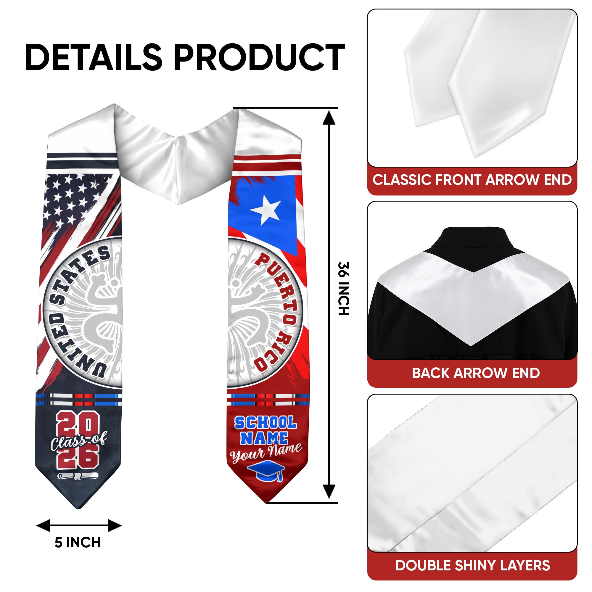 Puerto Rico Coat of Arms Heritage Graduation Sash Class of 2026 Custom USA Flag Stole