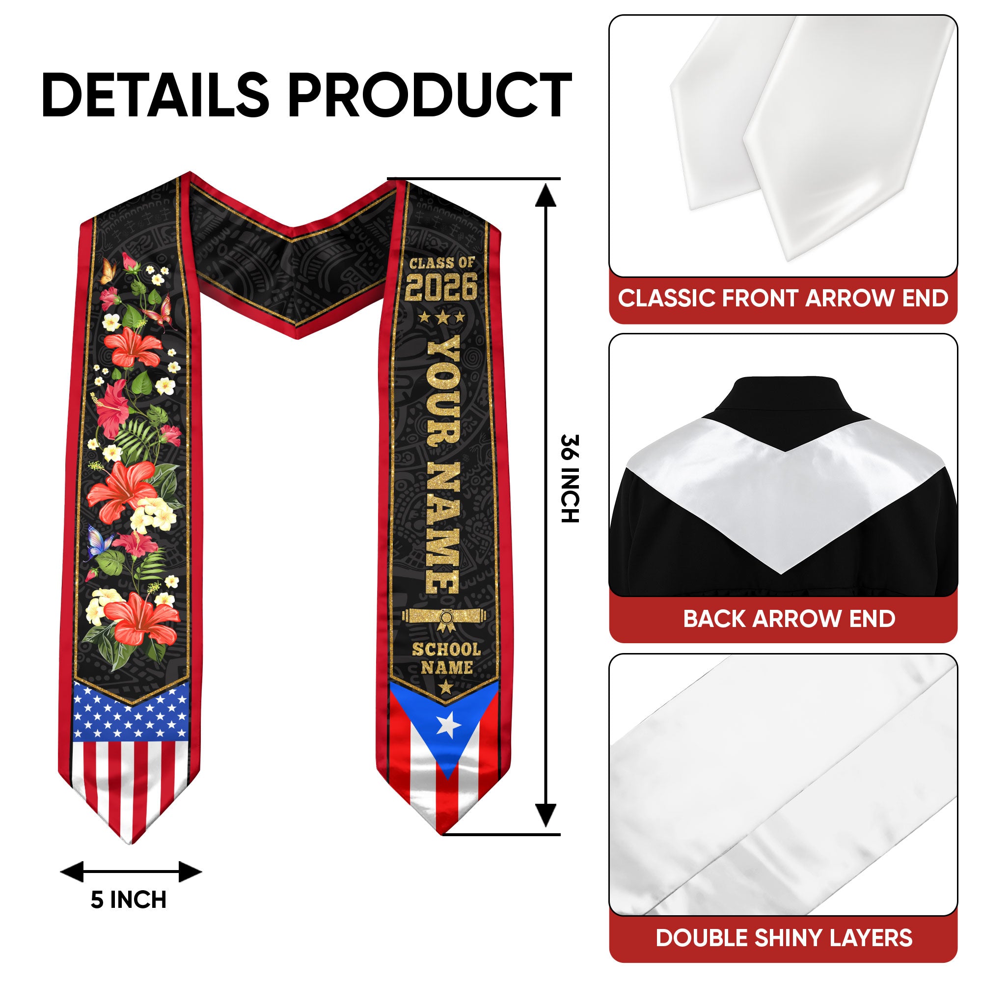Puerto Rico USA Flag Graduation Stole Custom Name Class of 2026 Hibiscus Sash