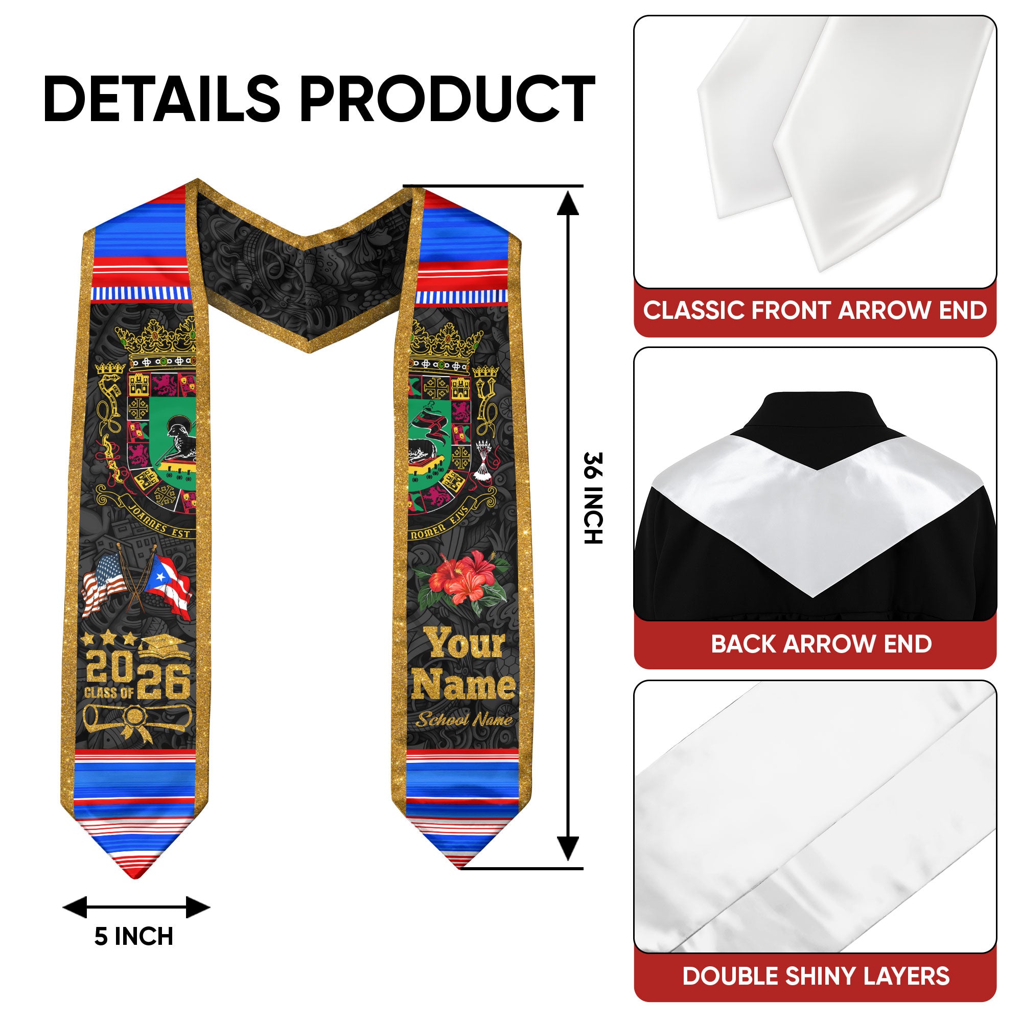 Custom Puerto Rico American Flag Coat of Arms Graduation Sash Class of 2026 Stole