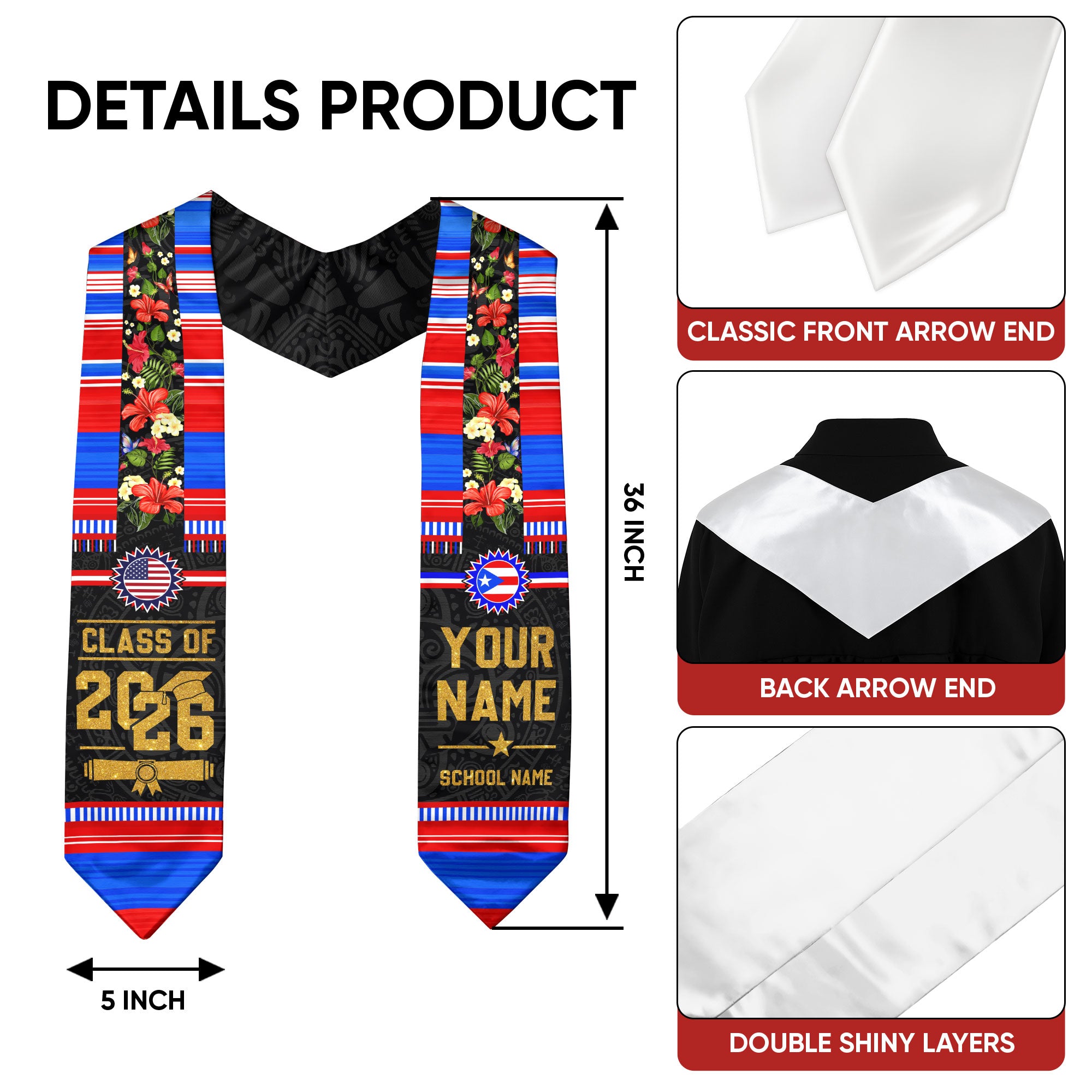 Puerto Rico Heritage Graduation Sash 2026 Custom American Flag Floral Boricua Stole