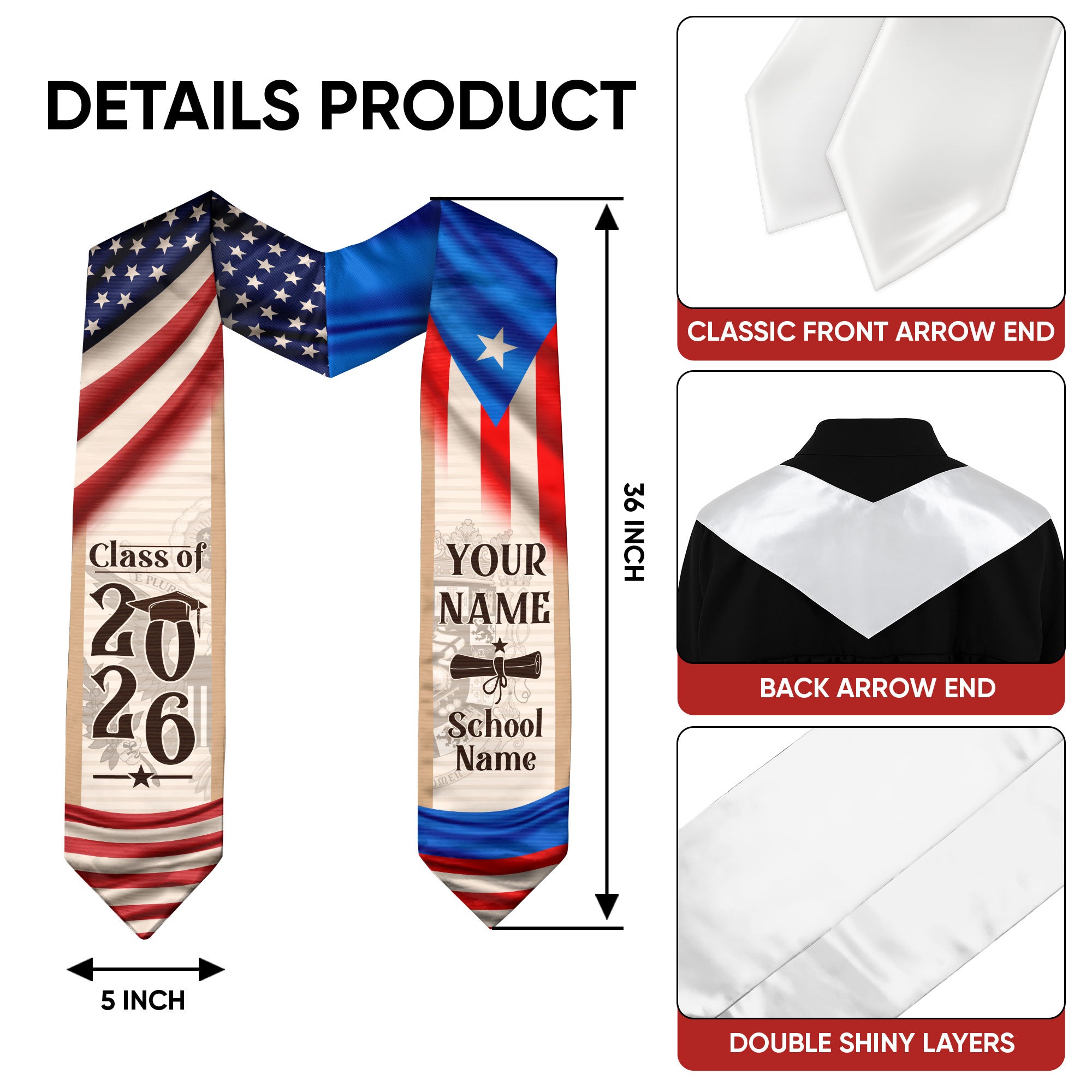 Puerto Rico Heritage Graduation Sash 2026 Custom Floral Hibiscus Vintage Flag Stole