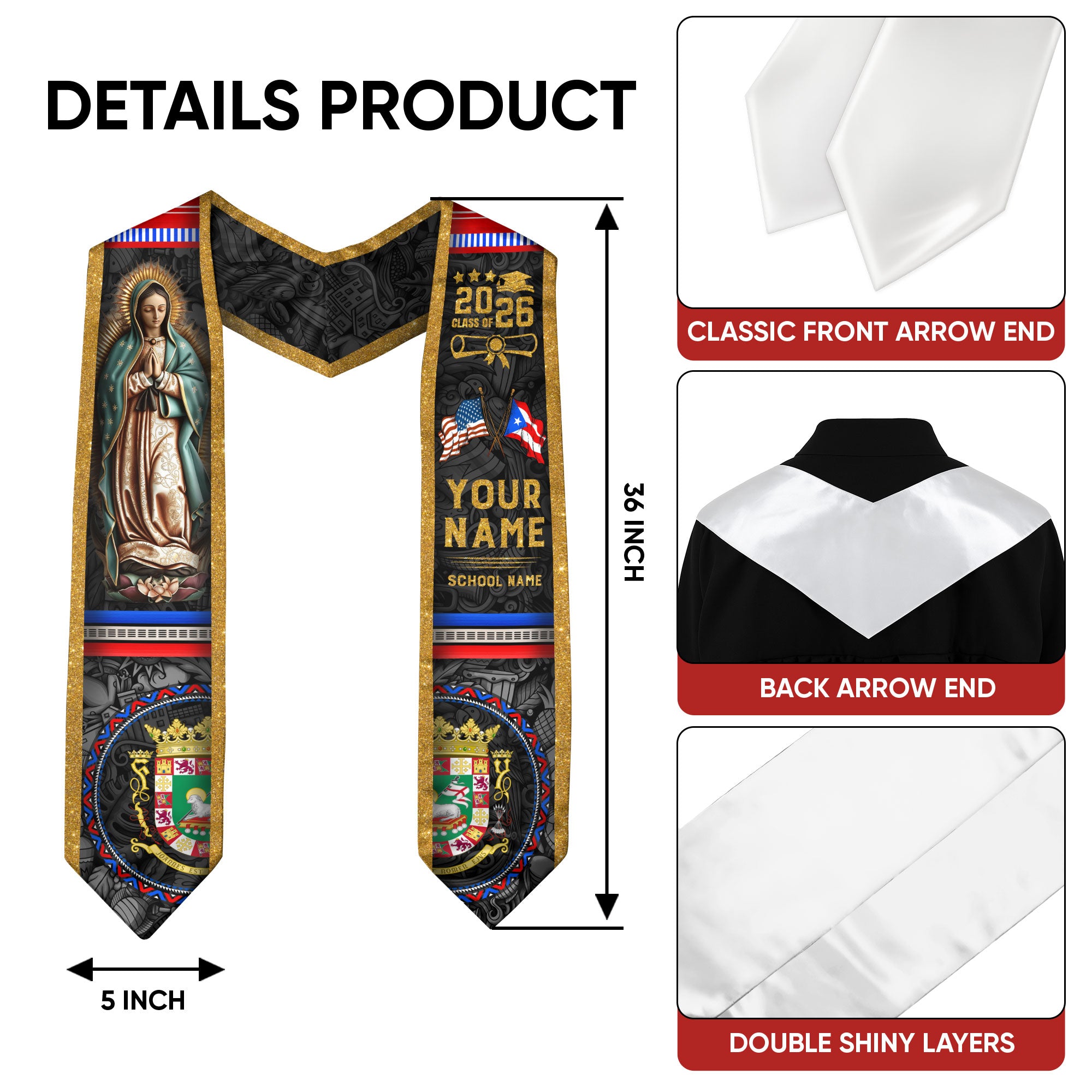 Custom Puerto Rico American Flag Graduation Sash Virgin Mary 2026 Graduation Stole