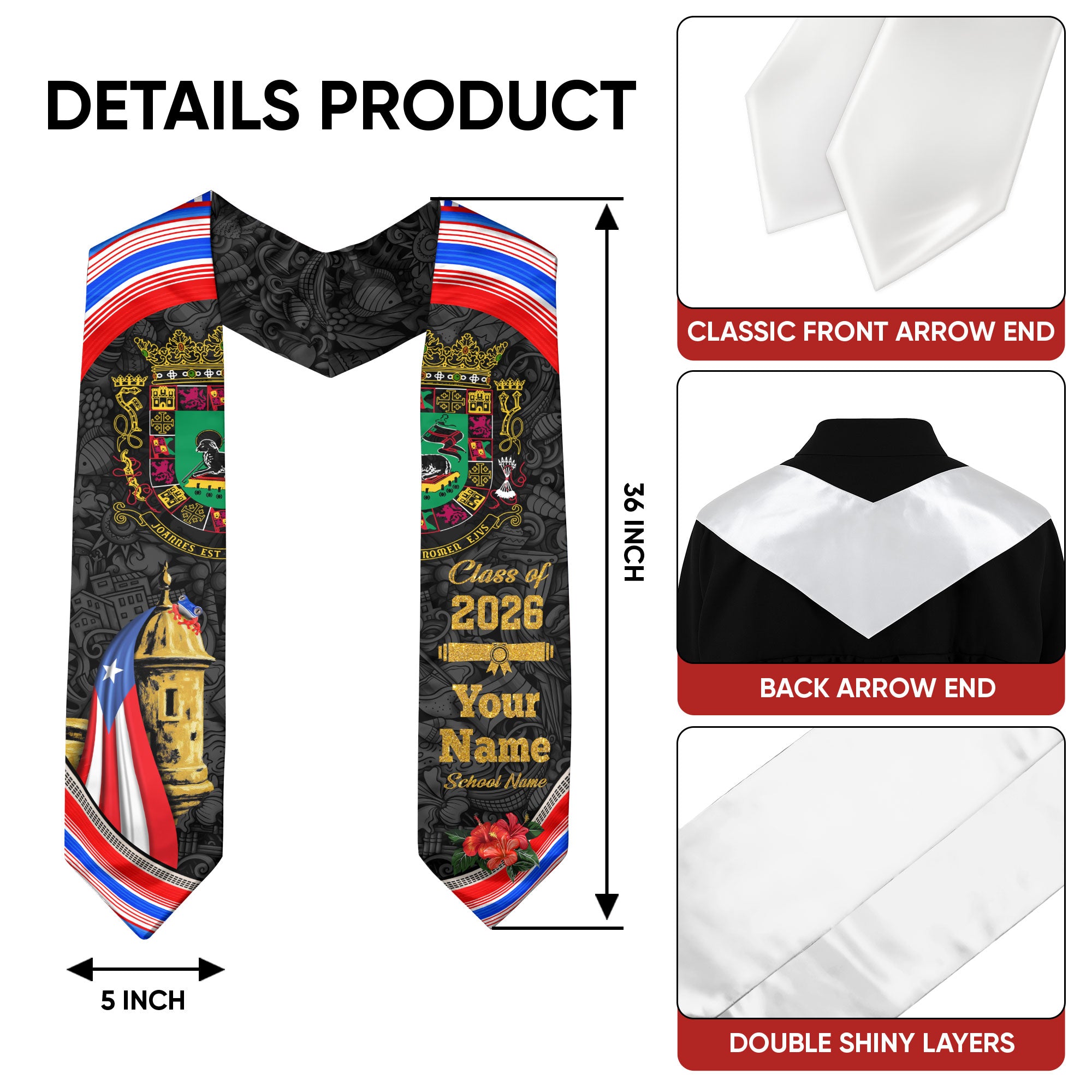 Custom Puerto Rico Graduation Stole 2026 El Morro Fortress Coat of Arms Graduation Sash