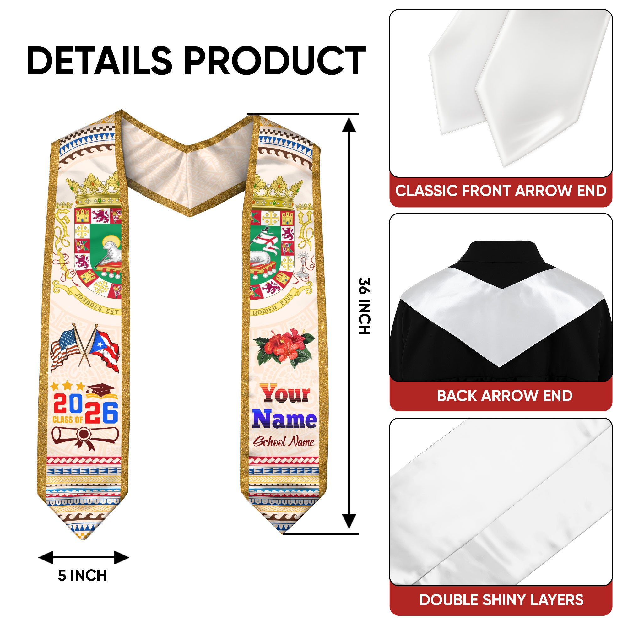 Puerto Rico Graduation Stole 2026 Custom Puerto Rican American Flag Sash Class of 2026
