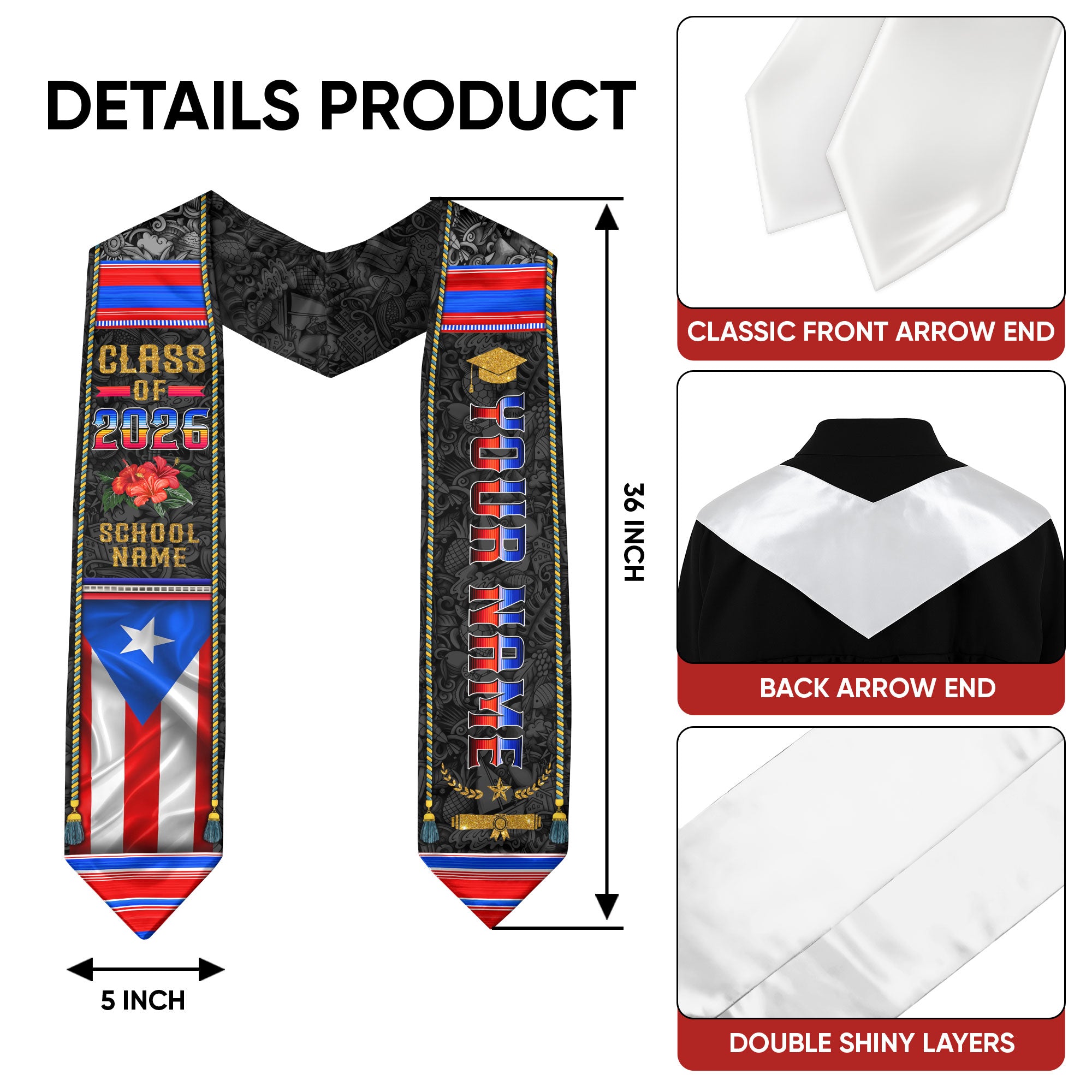 Puerto Rico Graduation Stole 2026 Vintage Custom Puerto Rican Flag Sash Class of 2026