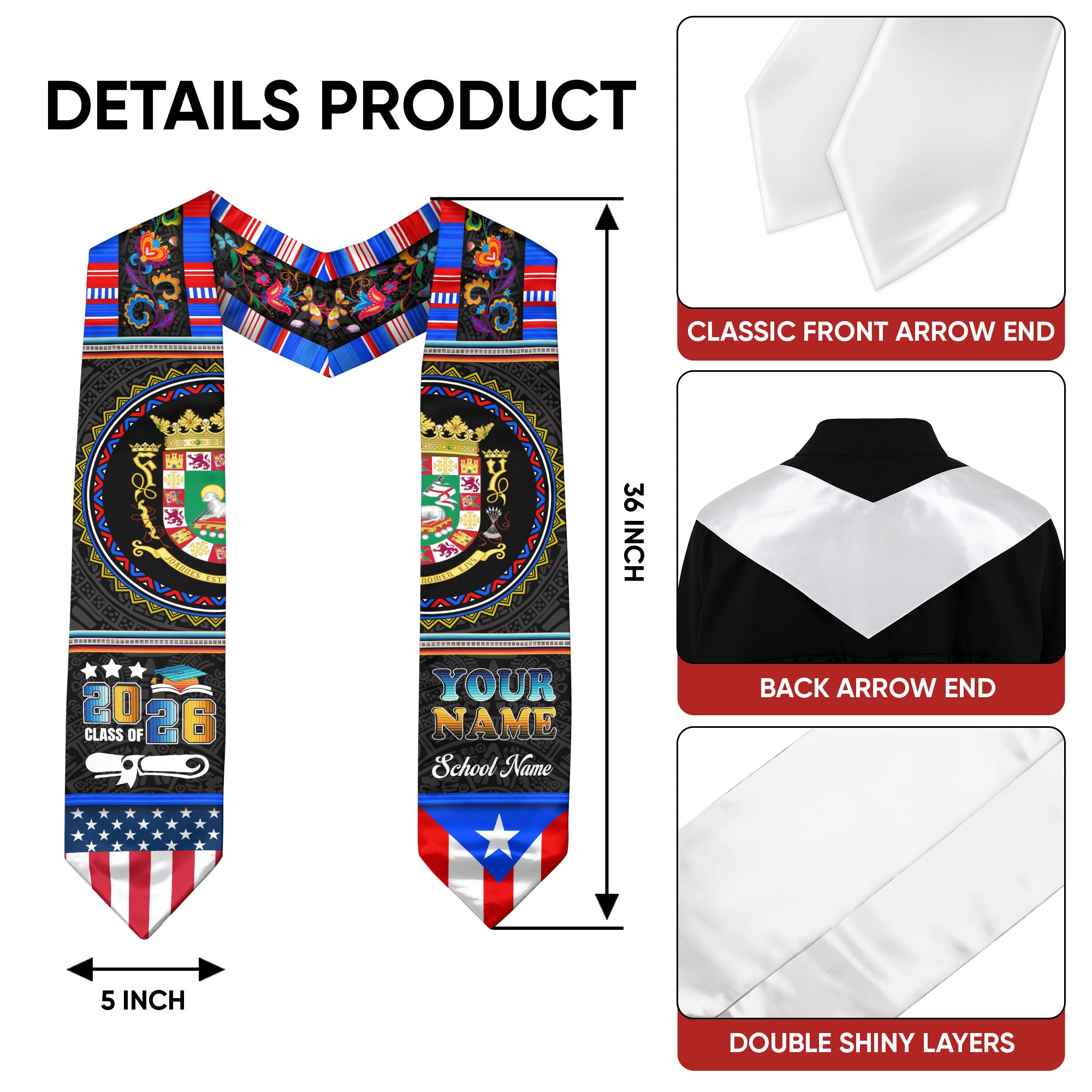 Custom Puerto Rico Graduation Stole 2026 Heritage American Flag Sash Class of 2026