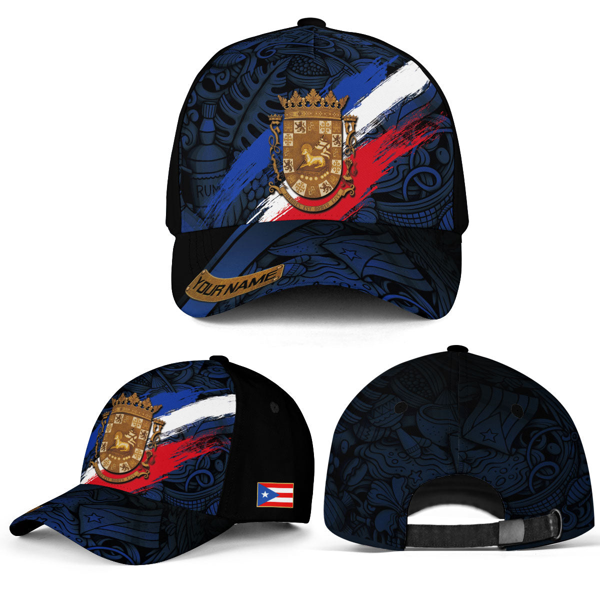 Puerto Rico Baseball Cap Boricua Coat of Arms Custom Name Blue Red Heritage Hat