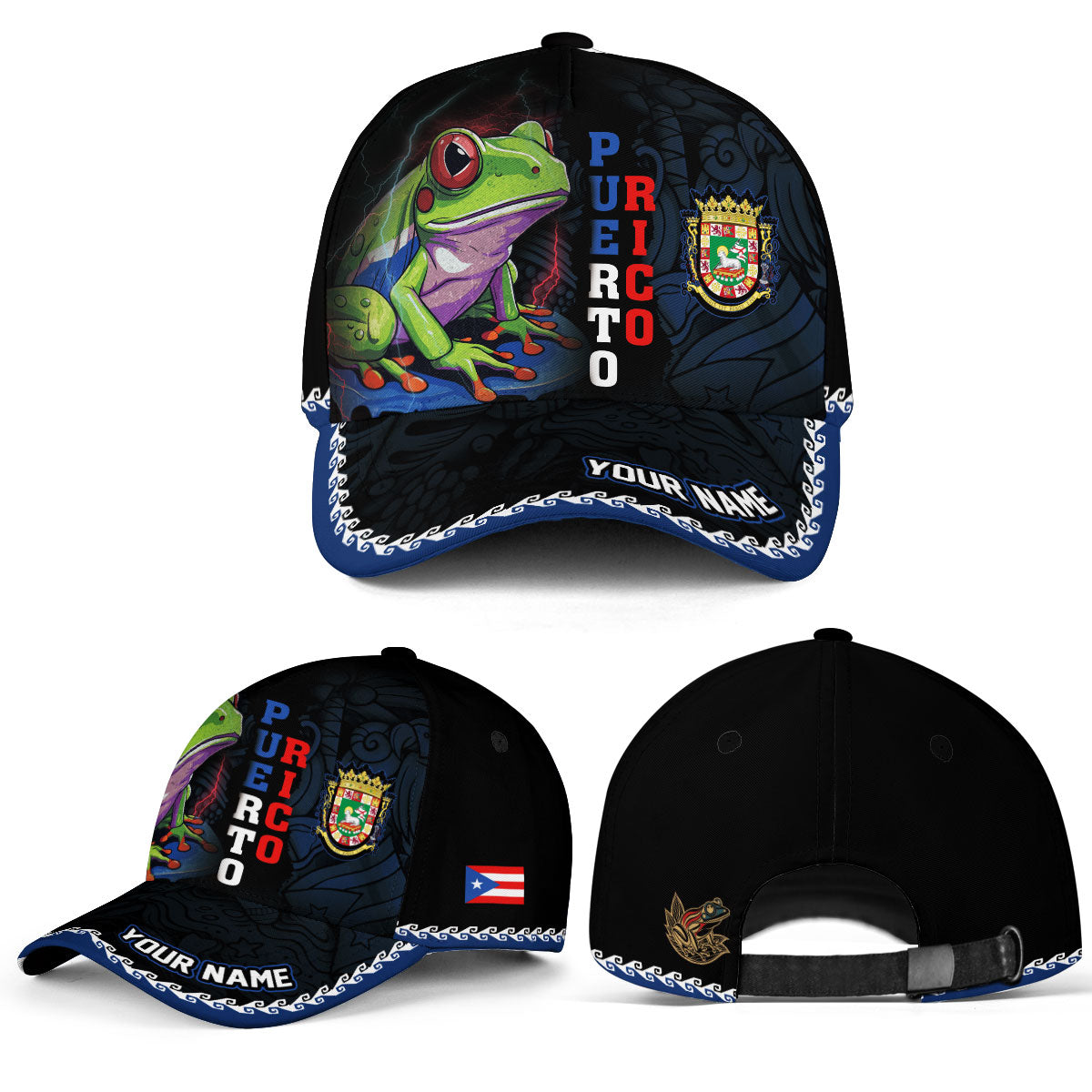 Puerto Rico Baseball Cap Coqui Frog Wave Design Custom Name Boricua Heritage Hat