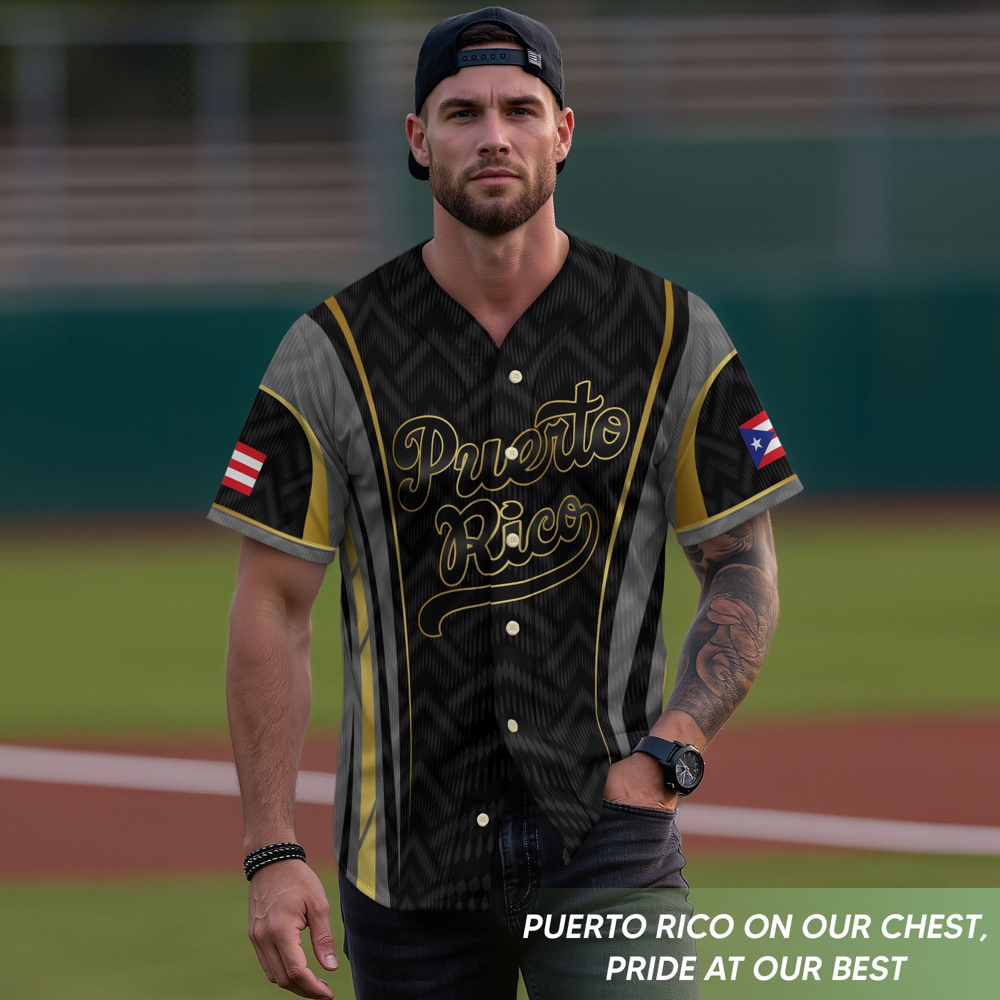 Puerto Rico Boricua Black Gold Coqui Frog Heritage Graphic Baseball Jersey