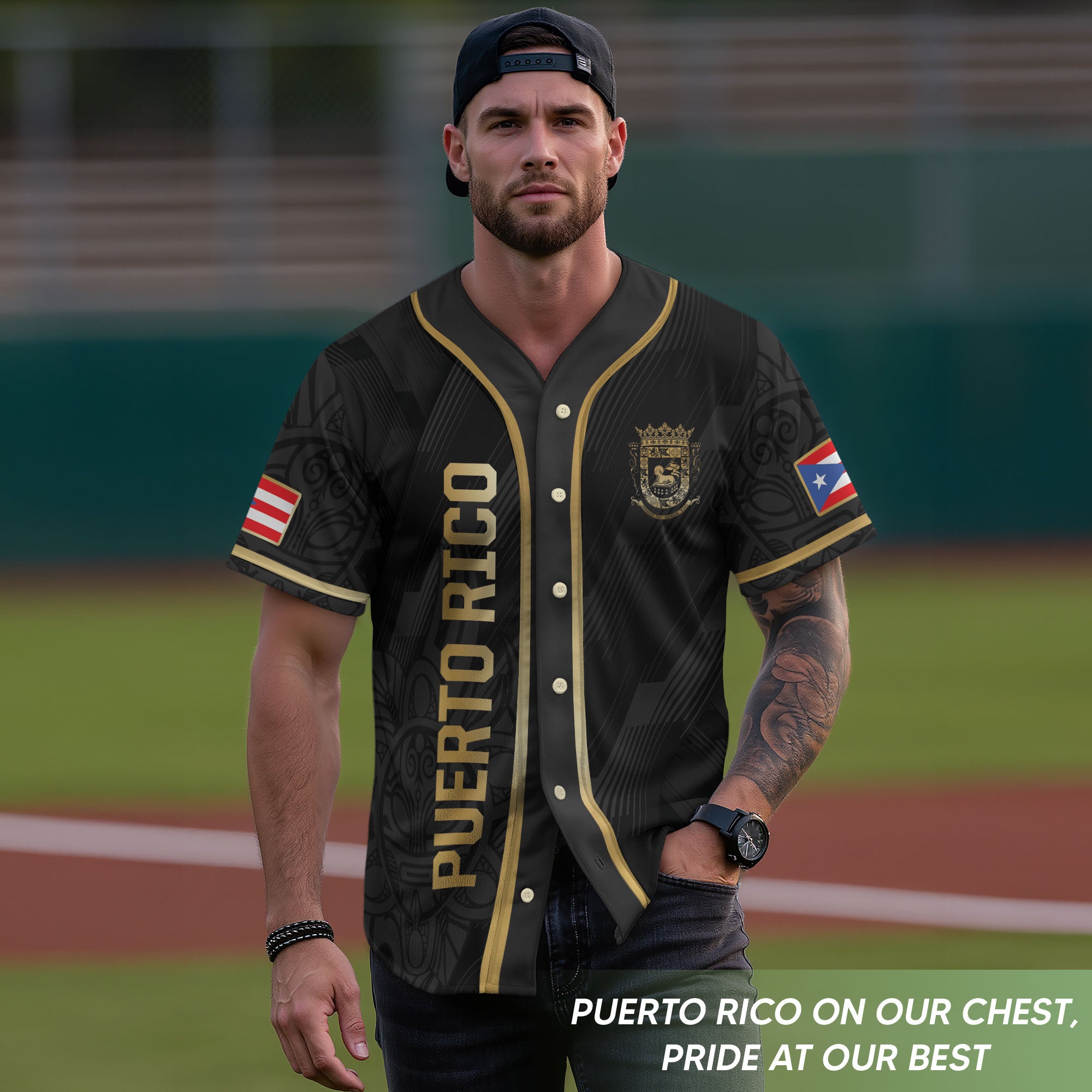 Puerto Rico Boricua Jerseys Black Gold Tribal National Heritage Baseball Jersey