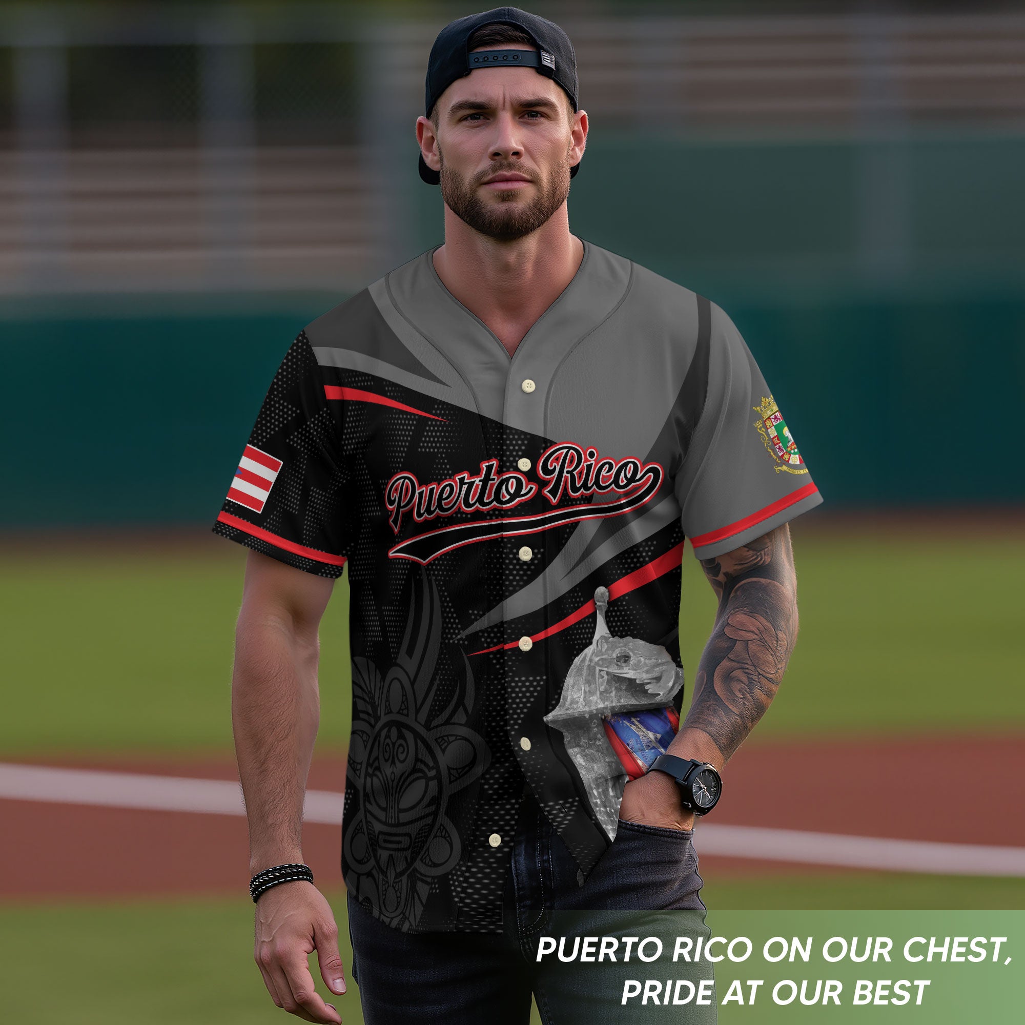 Puerto Rico Heritage Fortress Gray Black Tribal Graphic Boricua Baseball Jersey