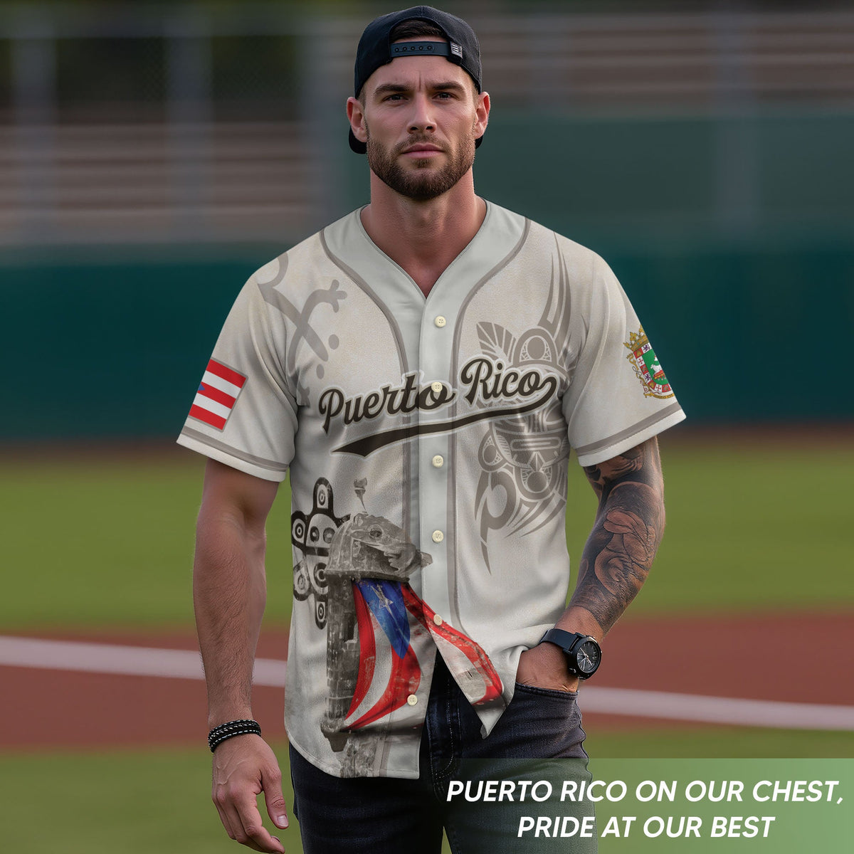 Puerto Rico Baseball Jersey in Heritage White for Men and Women, Beige Boricua Fortress Tribal Graphic, Bold Puerto Rico Shirts for Fans, Northryn Co.
