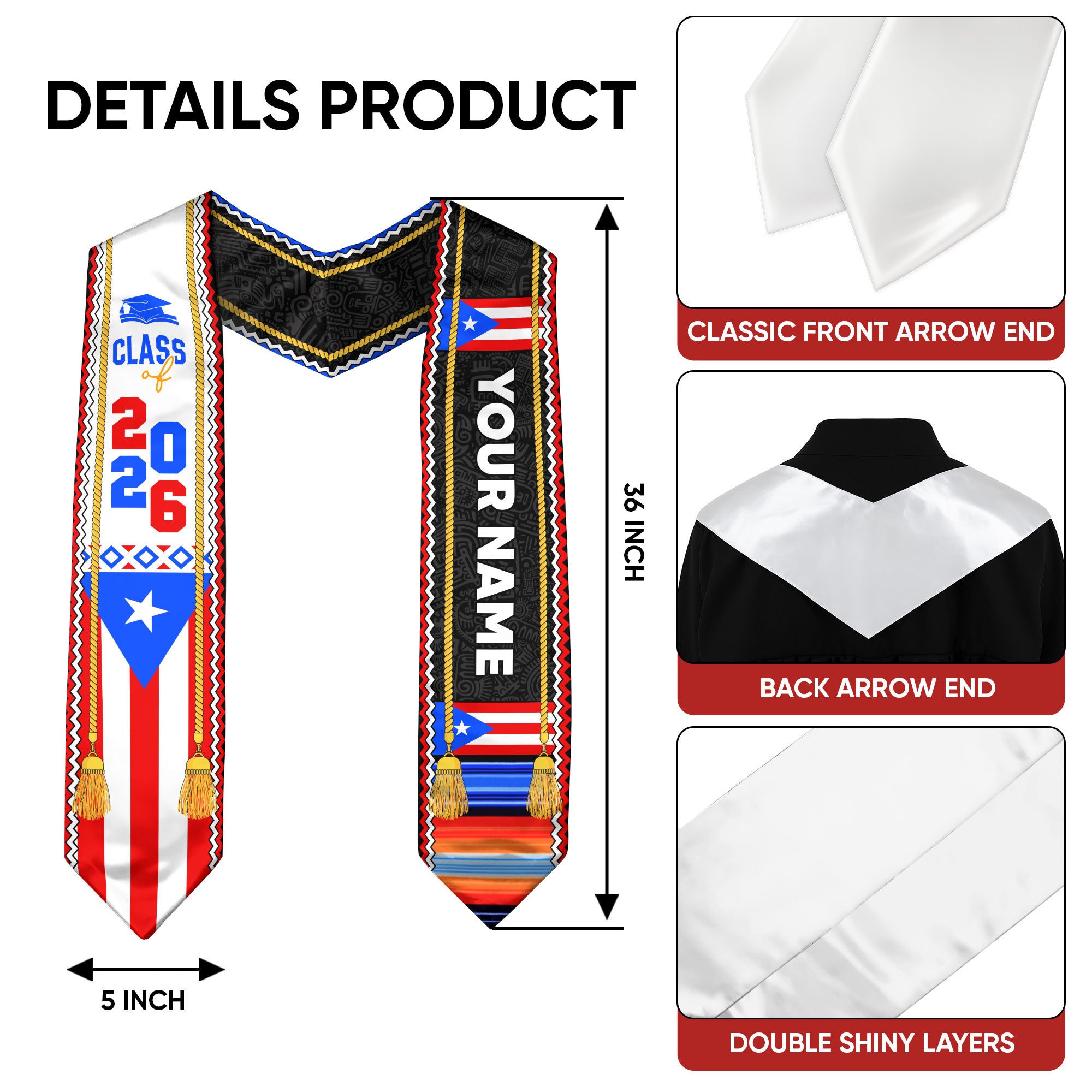 Custom Puerto Rico American Flag Graduation Sash 2026 Tassels Puerto Rican Graduation Stole