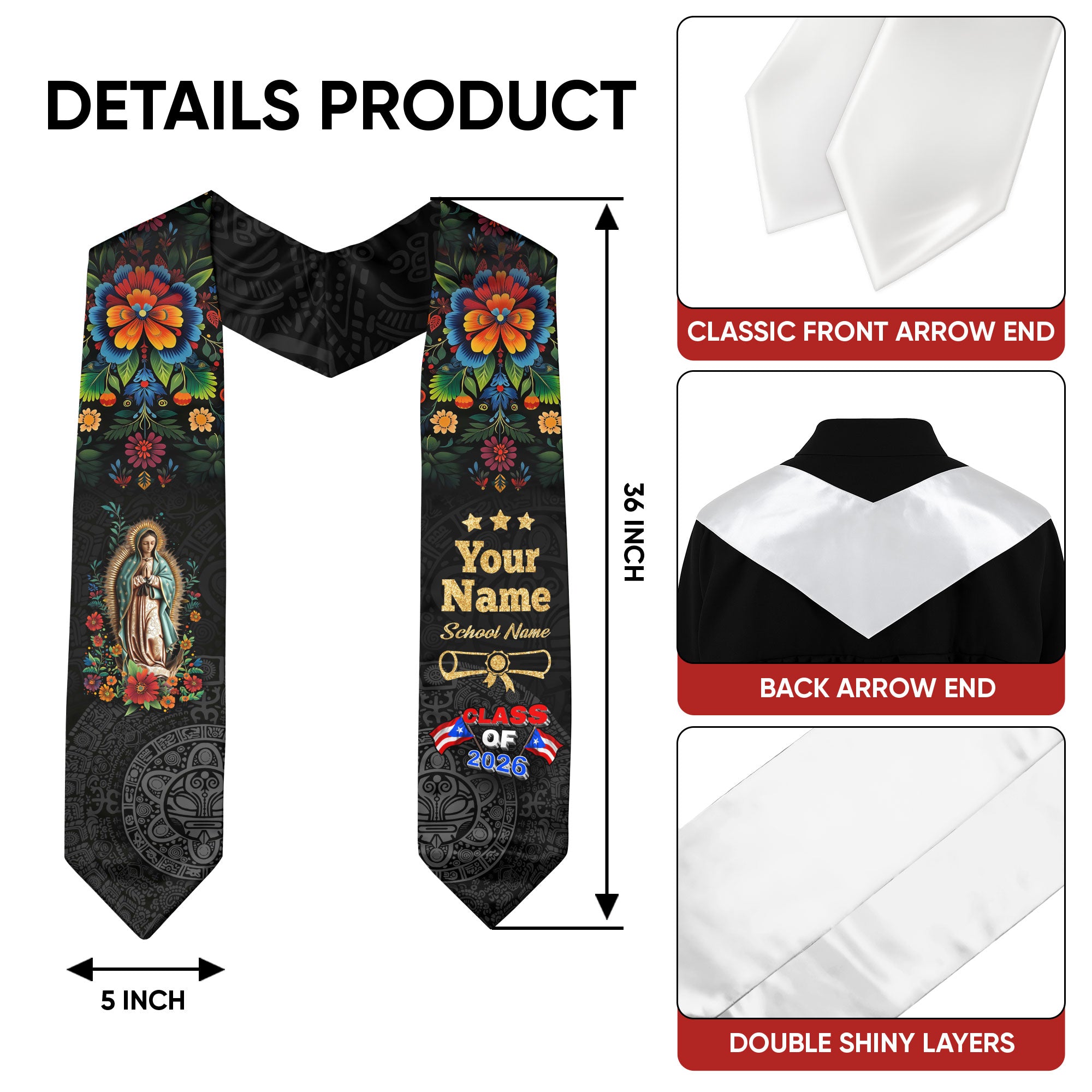 Custom Puerto Rico Flag Graduation Stole Class of 2026 Virgin Mary Floral Sash