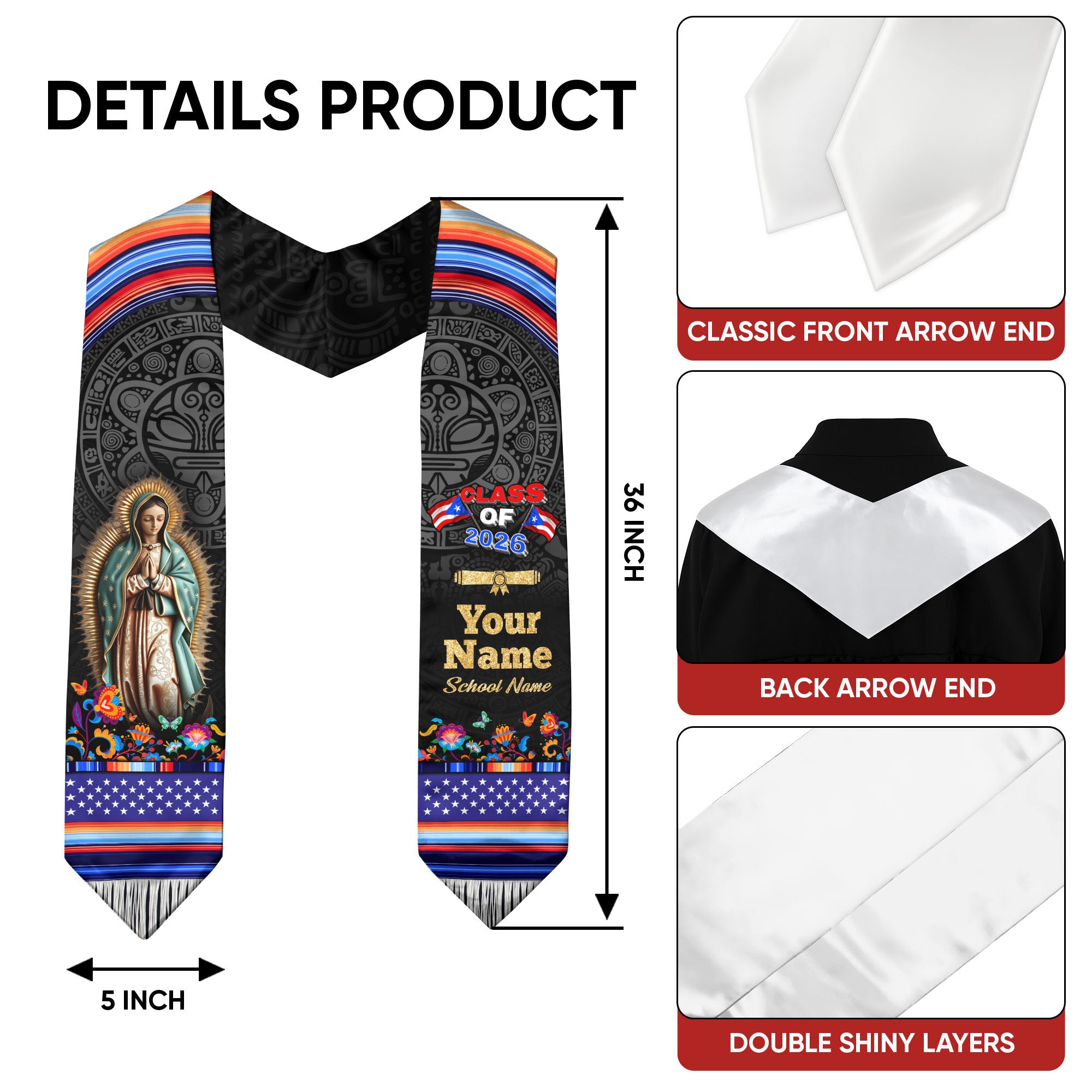Personalized Puerto Rican Graduation Stole Custom Name Class of 2026 Virgin Mary Senior Sash