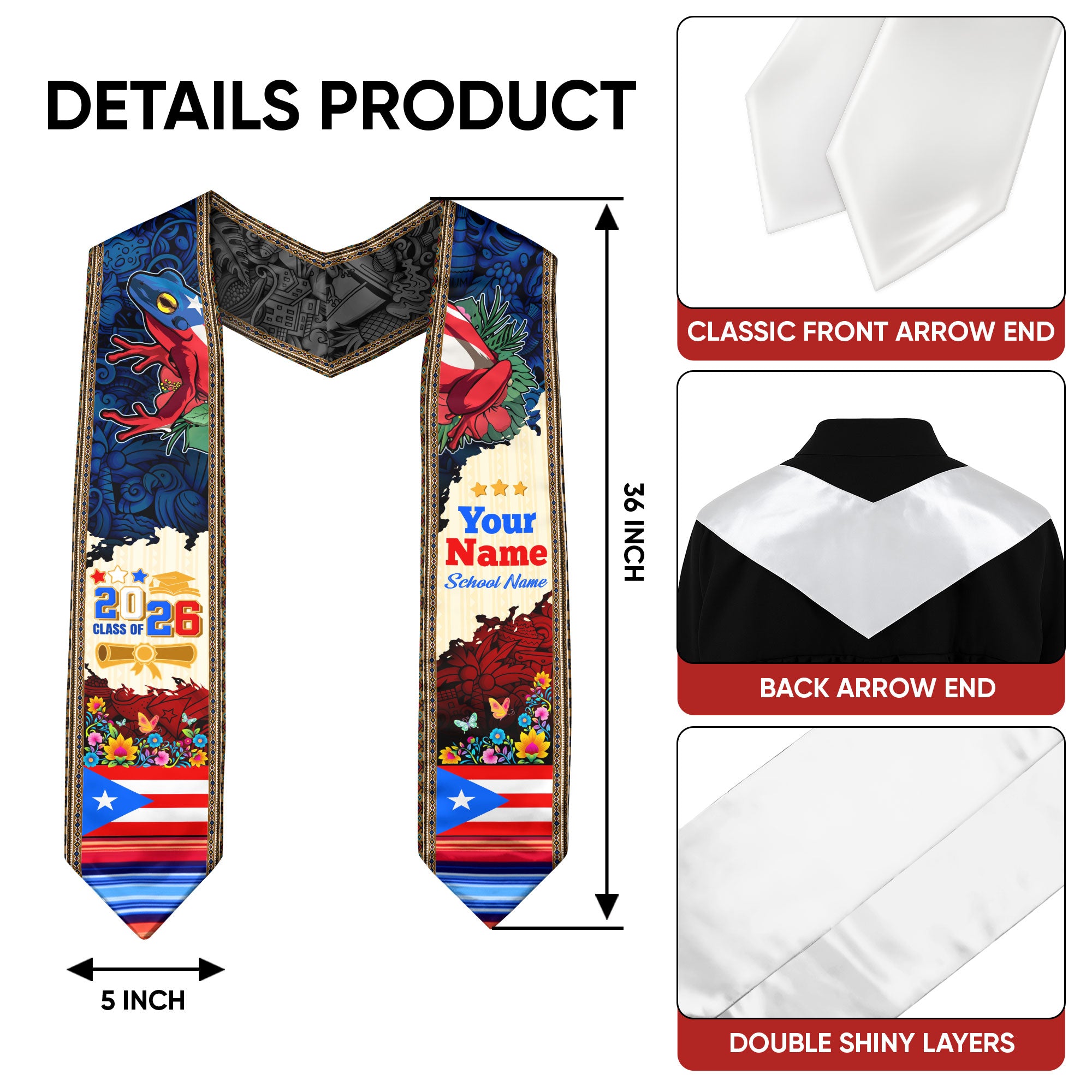 Custom Puerto Rico Flag Graduation Stole Class of 2026 Coqui Frog Floral Sash