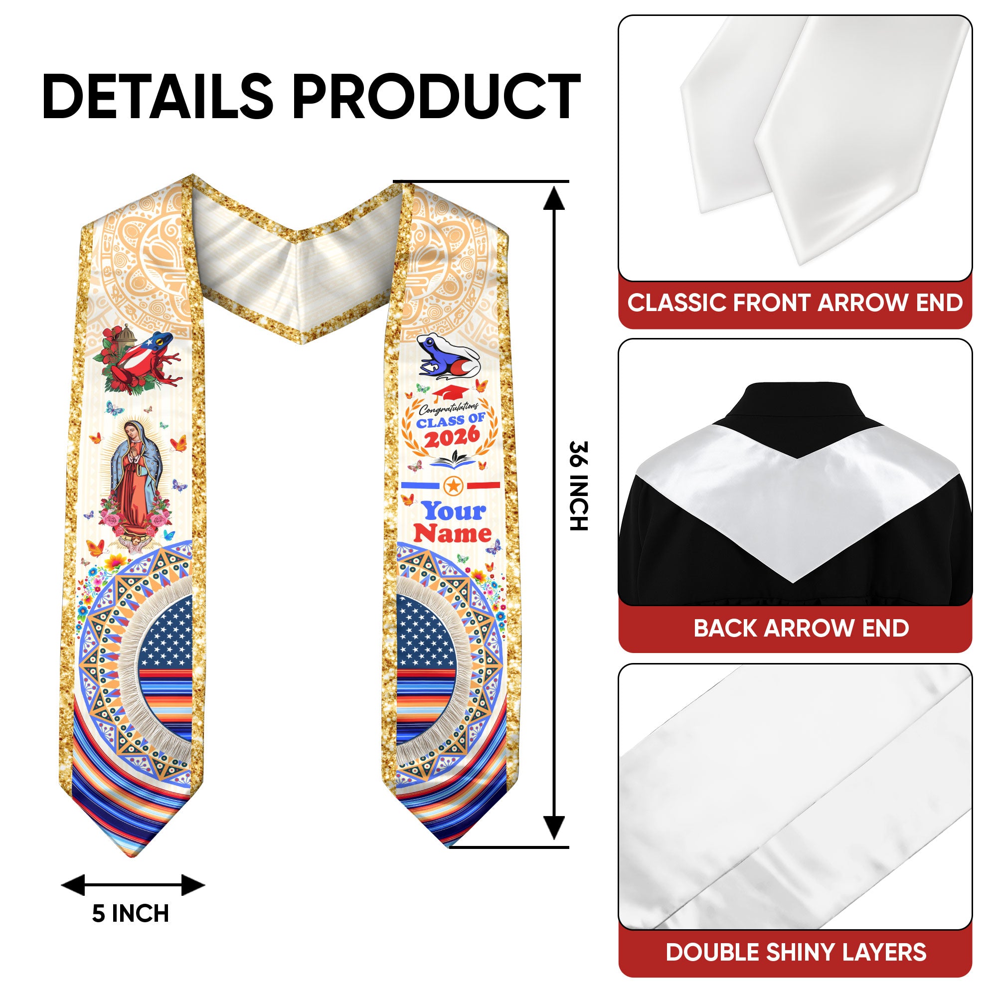 Puerto Rico Graduation Stole Custom Floral Virgin Mary Heritage Coqui Class of 2026 Sash