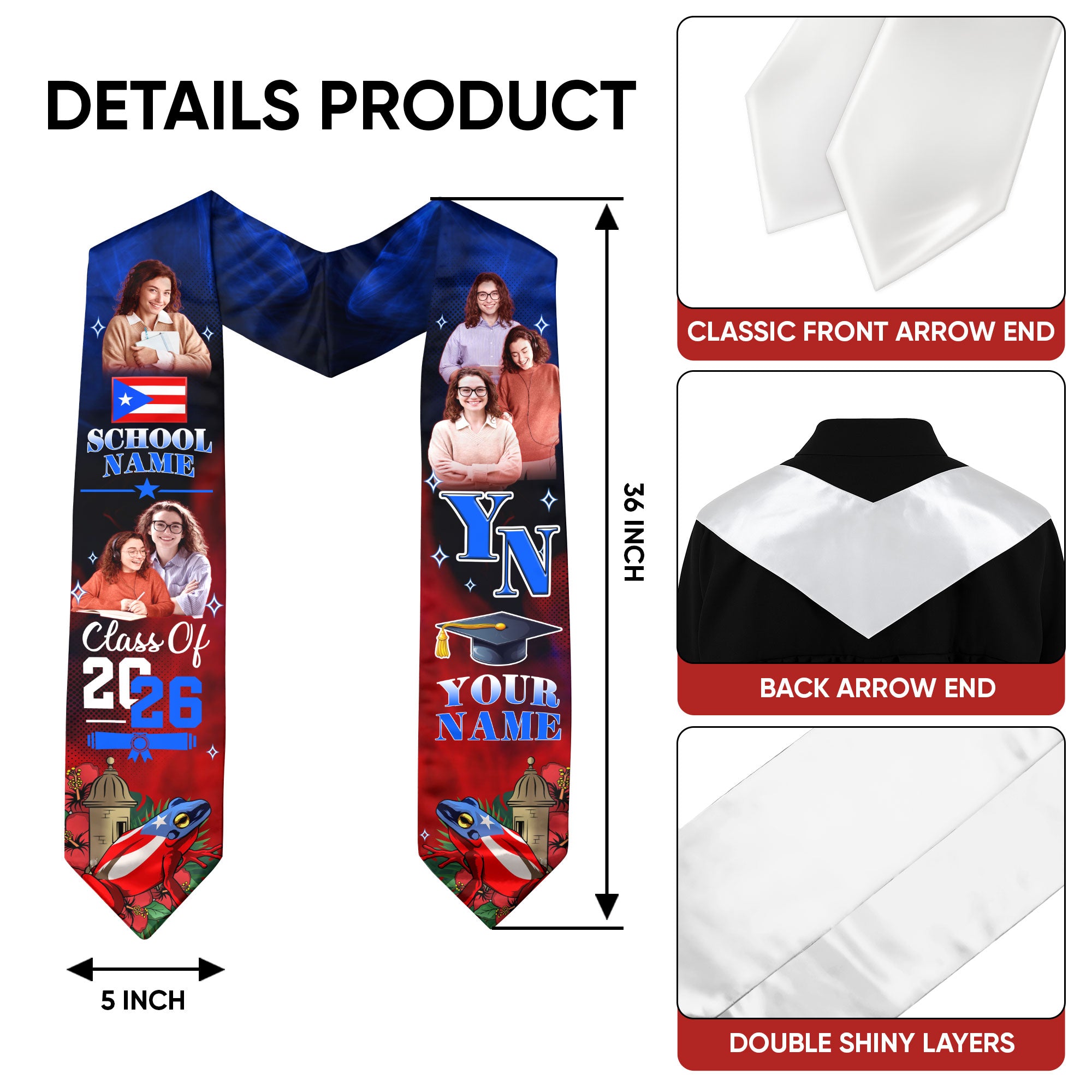 Custom Photo Name Puerto Rico Flag Coqui Frog Class of 2026 Personalized Graduation Sash