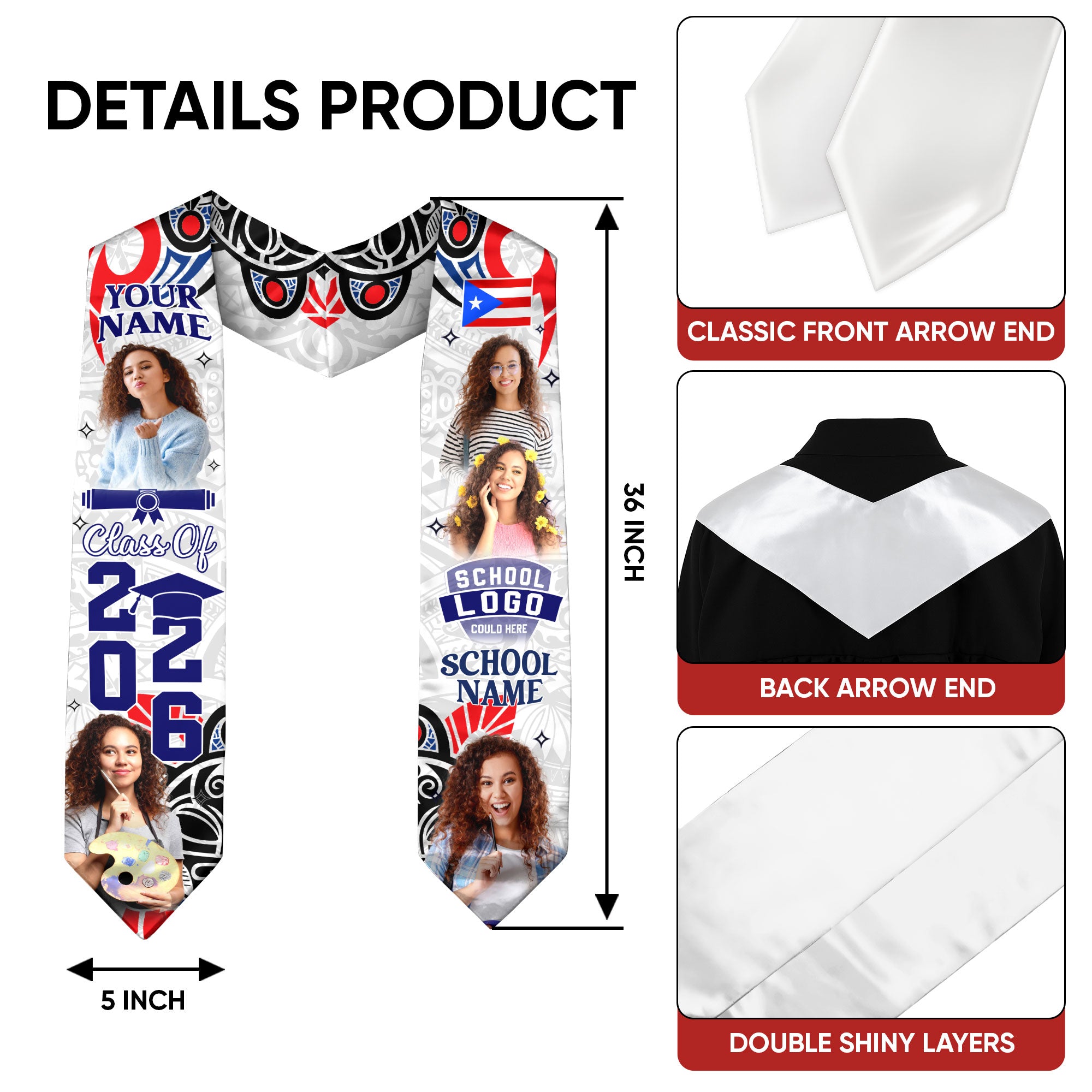 Custom Photo Name Puerto Rico Flag Taino Pattern Class of 2026 Graduation Stole