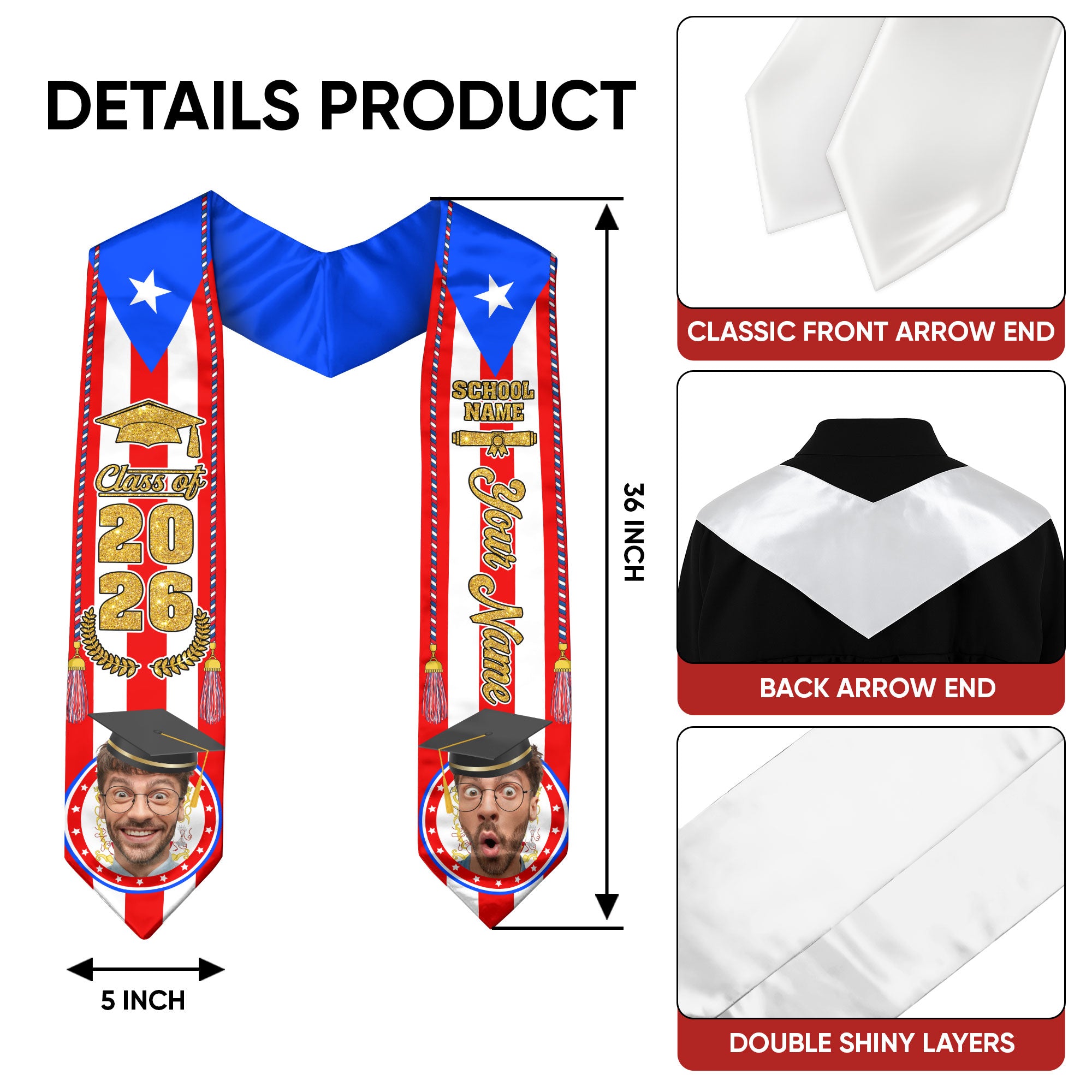 Custom Photo Name Puerto Rico Flag Gold Glitter Class of 2026 Graduation Sash