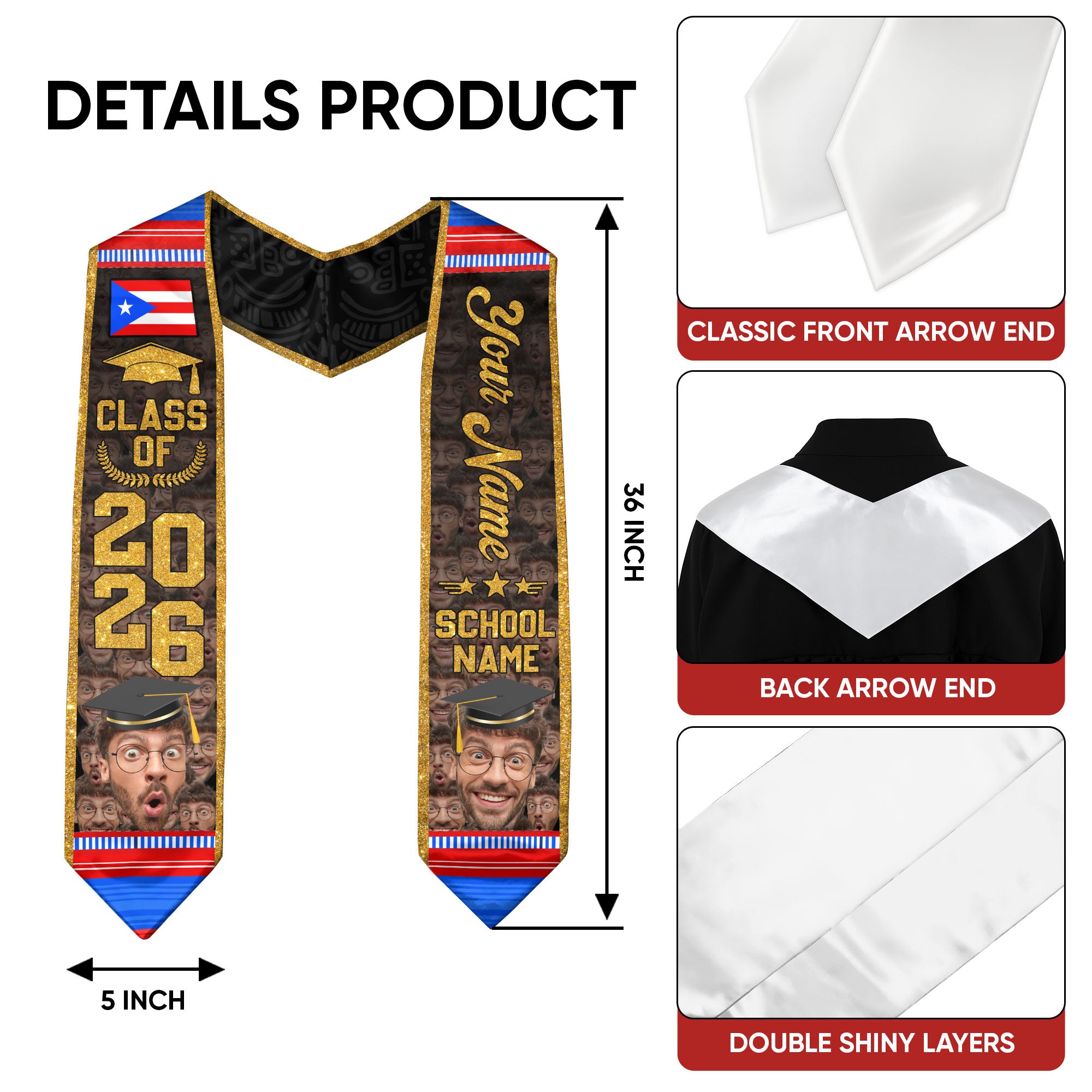 Custom Photo Name Puerto Rico Flag Taino Tribal Class of 2026 Graduation Stole