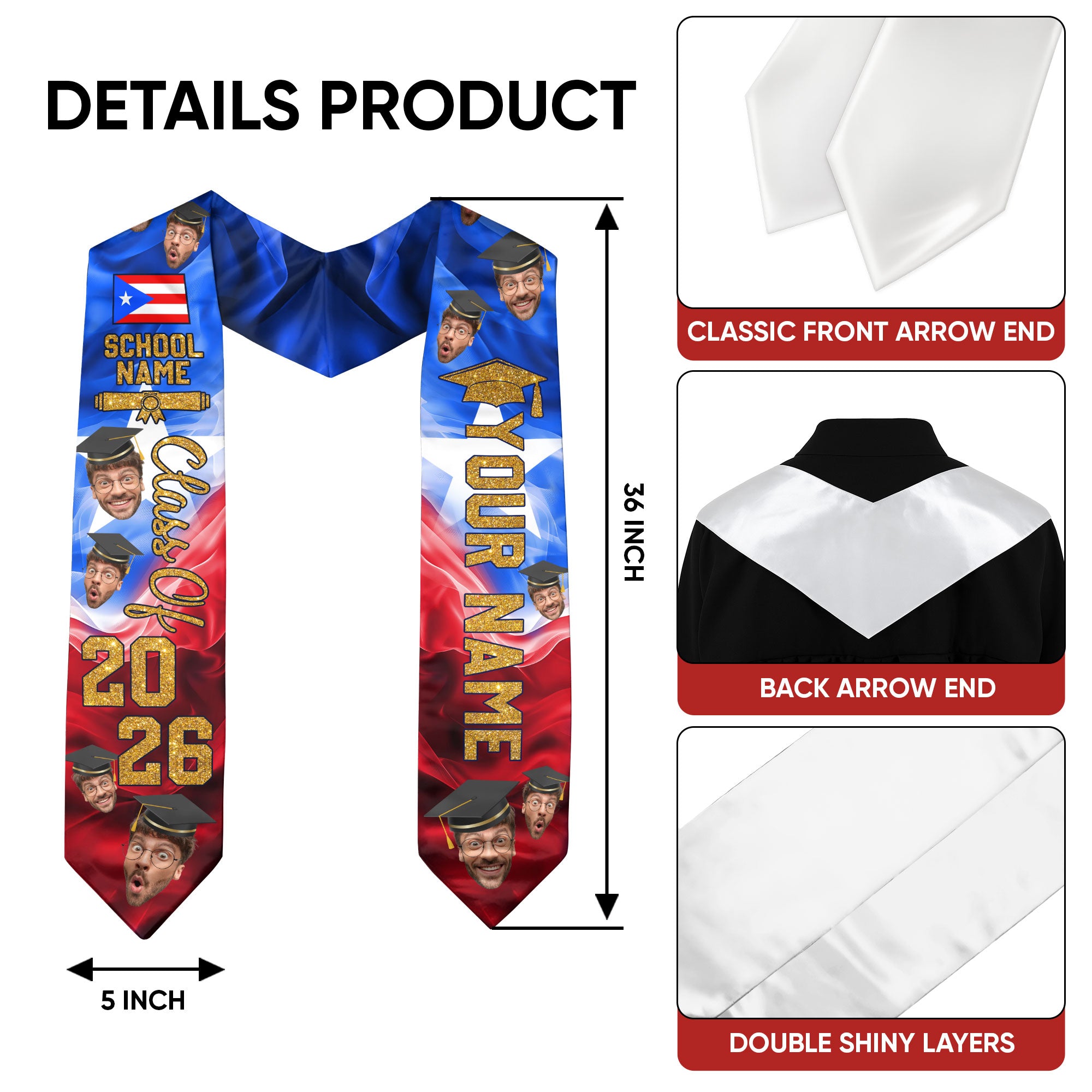 Custom Photo Face Puerto Rico Flag Graduation Class of 2026 Personalized Graduation Sash