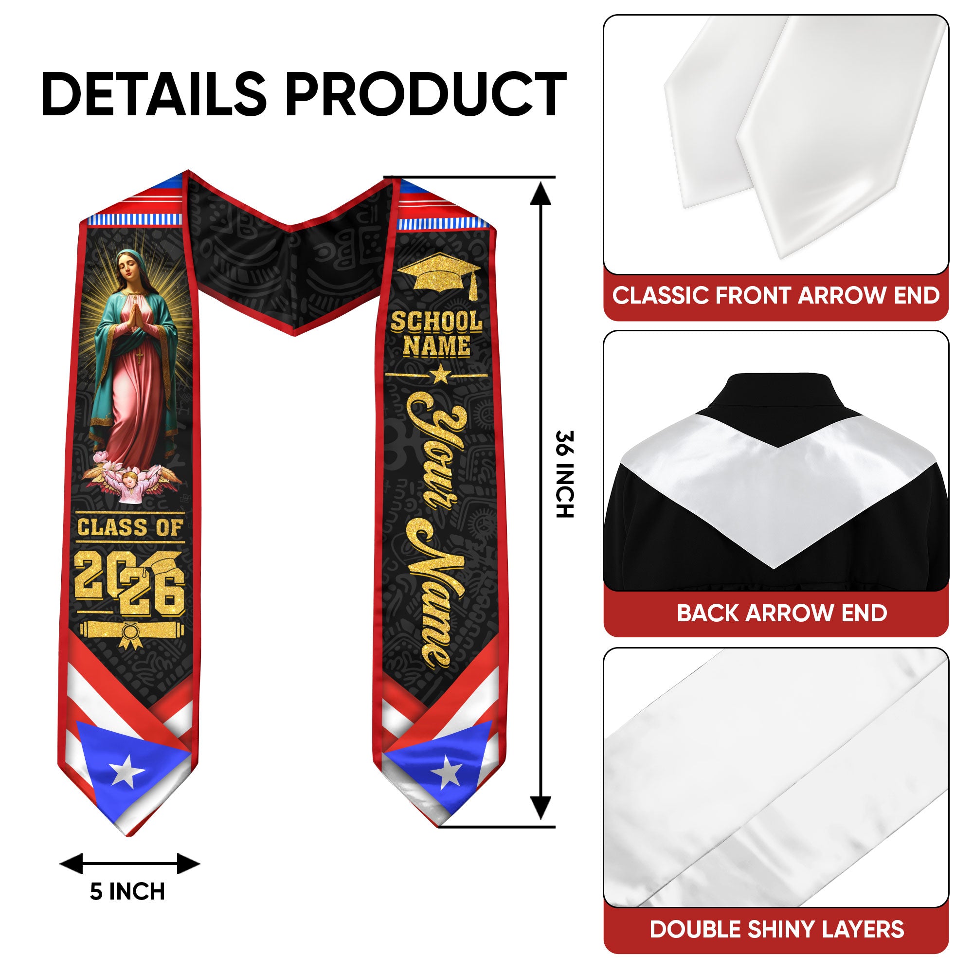 Custom Puerto Rico Flag Virgin Mary Taino Tribal Class of 2026 Graduation Stole