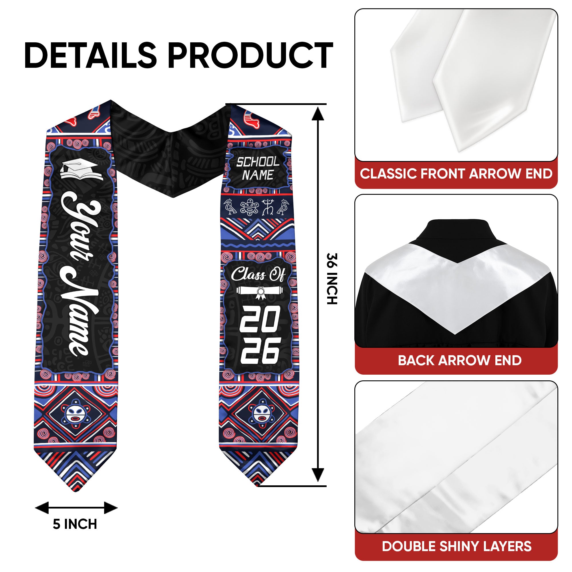 Personalized Puerto Rico Graduation Stole 2026 Taino Heritage Symbols Graduation Sash