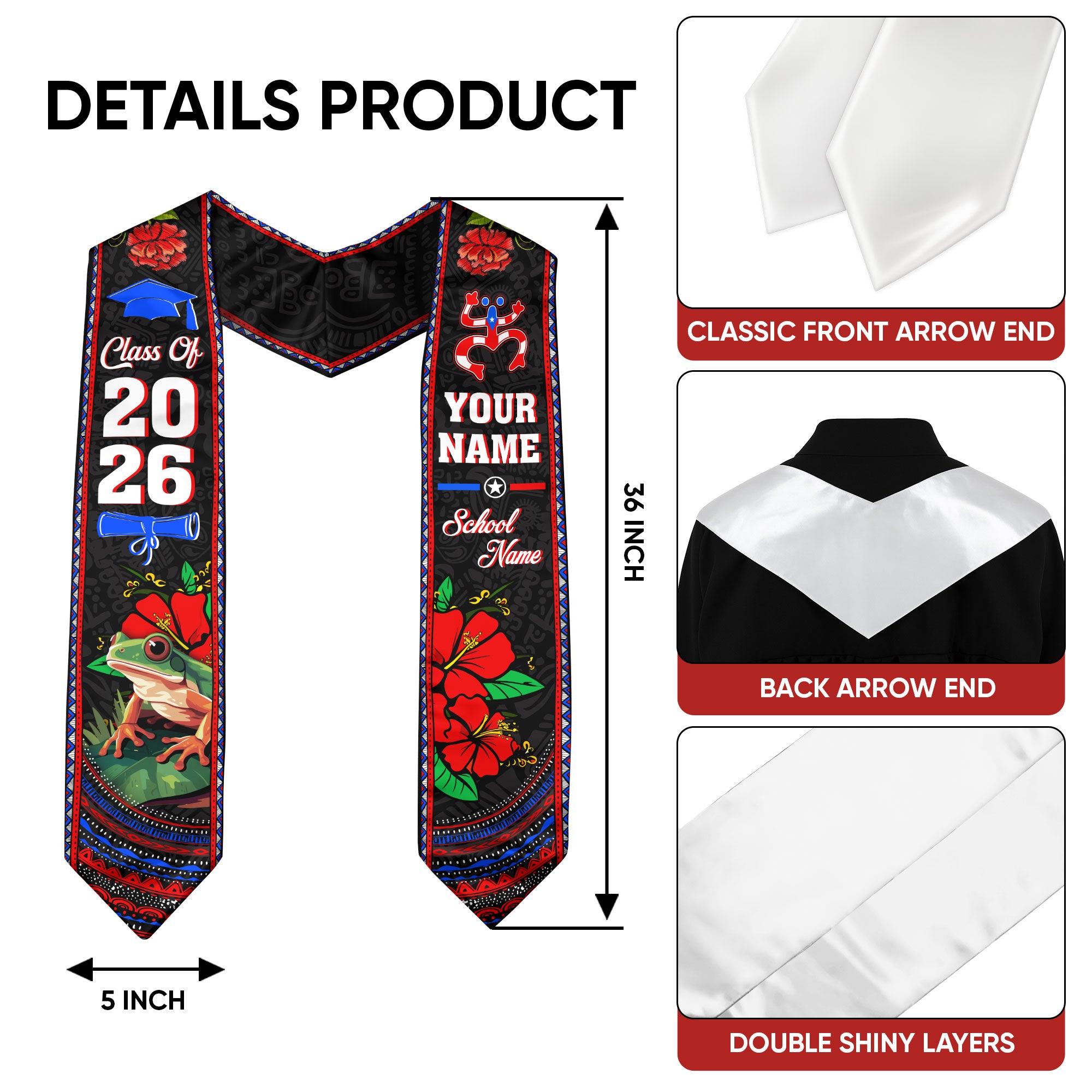 Custom Puerto Rico Graduation Stole 2026 Coqui Frog Floral Heritage Graduation Sash