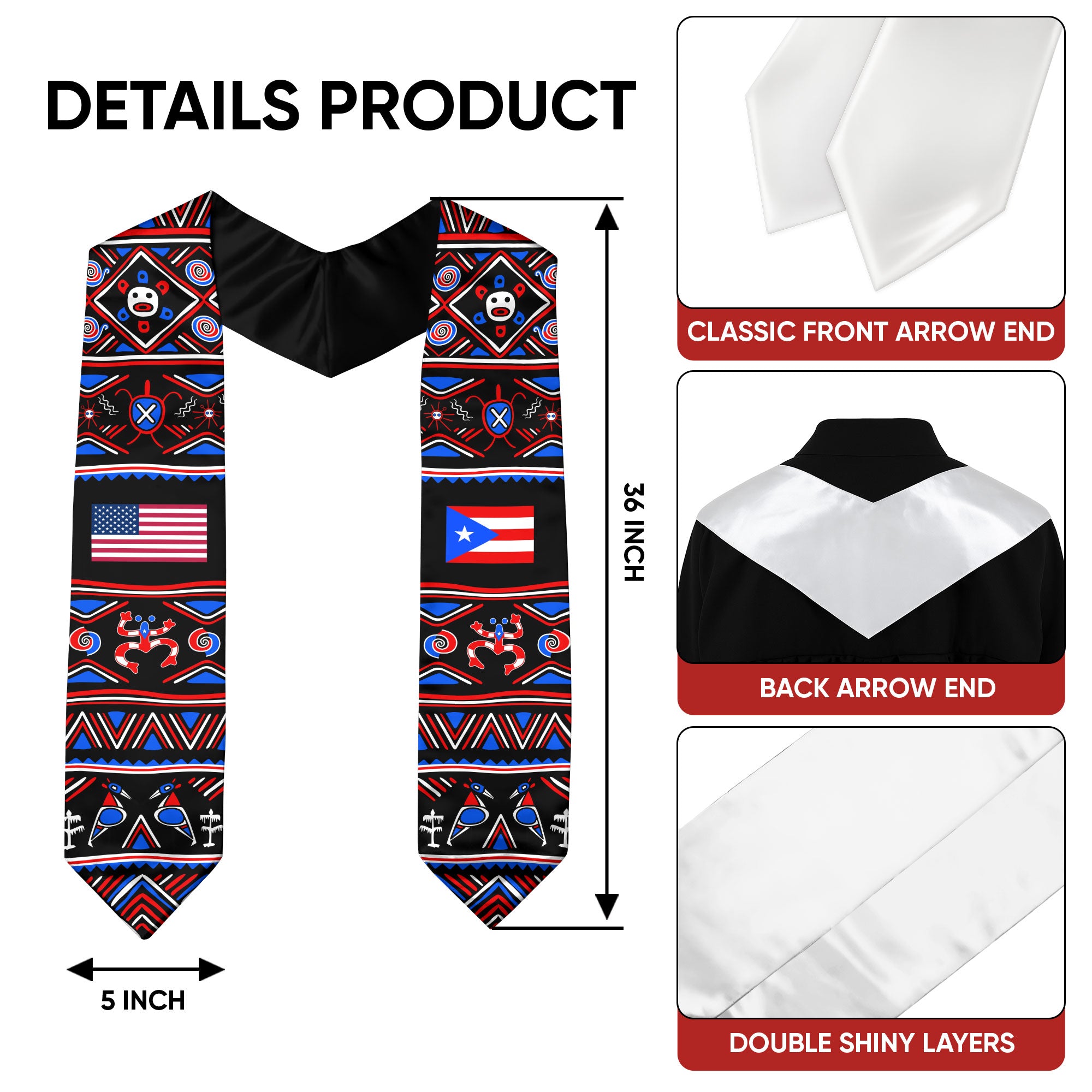 Puerto Rico USA Flag Taino Symbol Ethnic Pattern Heritage Graduation Sash Graduation Stole
