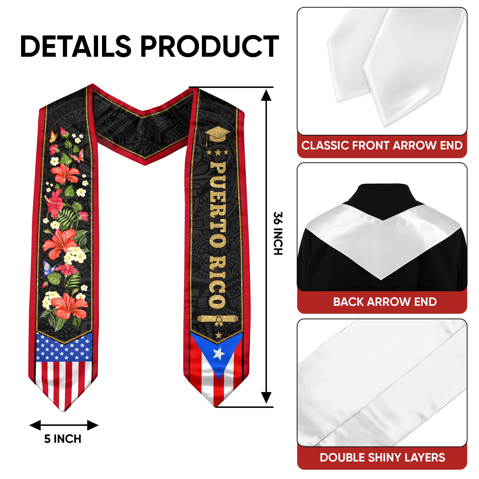 Puerto Rico USA Flag Hibiscus Floral Heritage Class of 2026 Graduation Sash Graduation Stole
