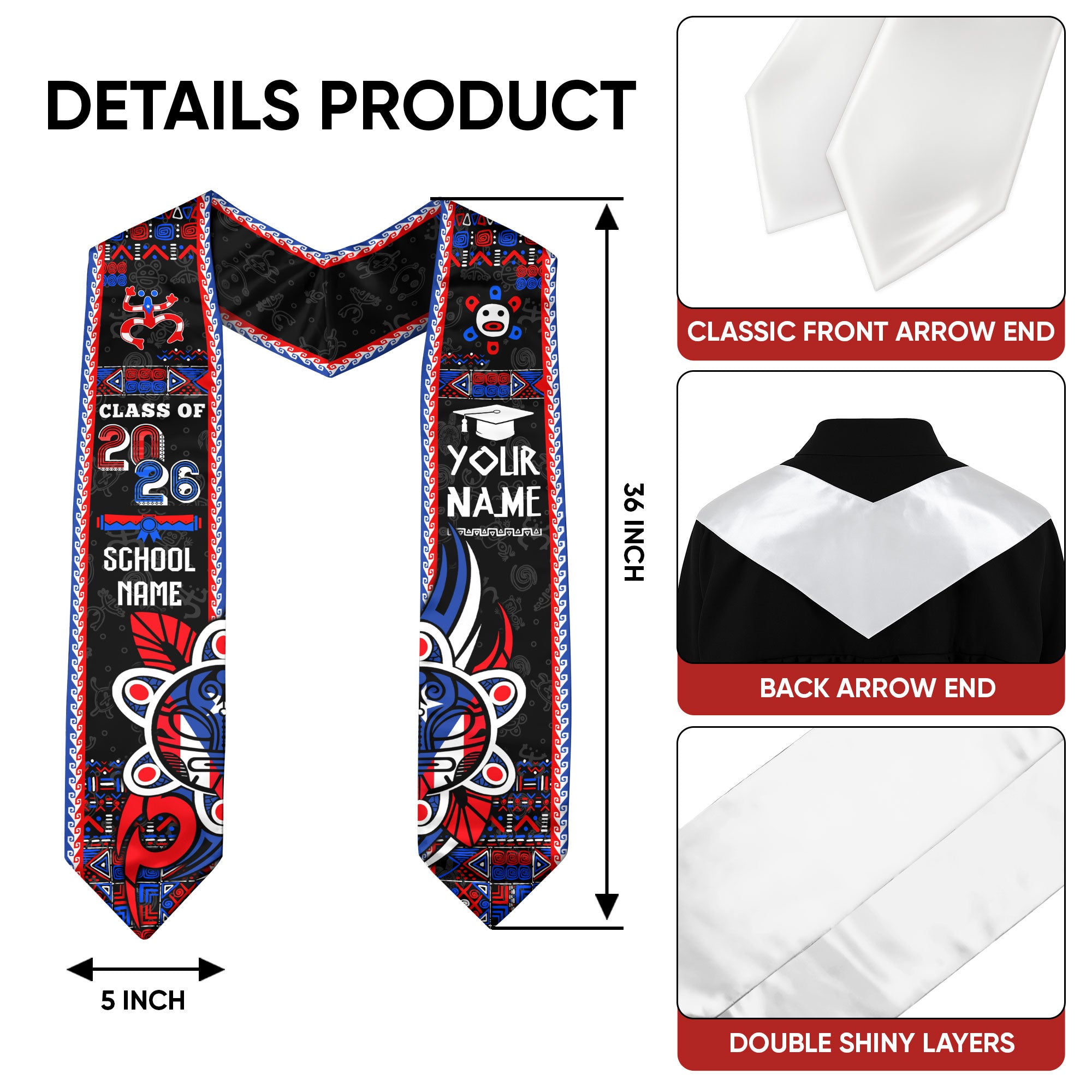 Puerto Rico Graduation Stole 2026 Custom Name Taino Art Puerto Rican Flag Graduation Sash