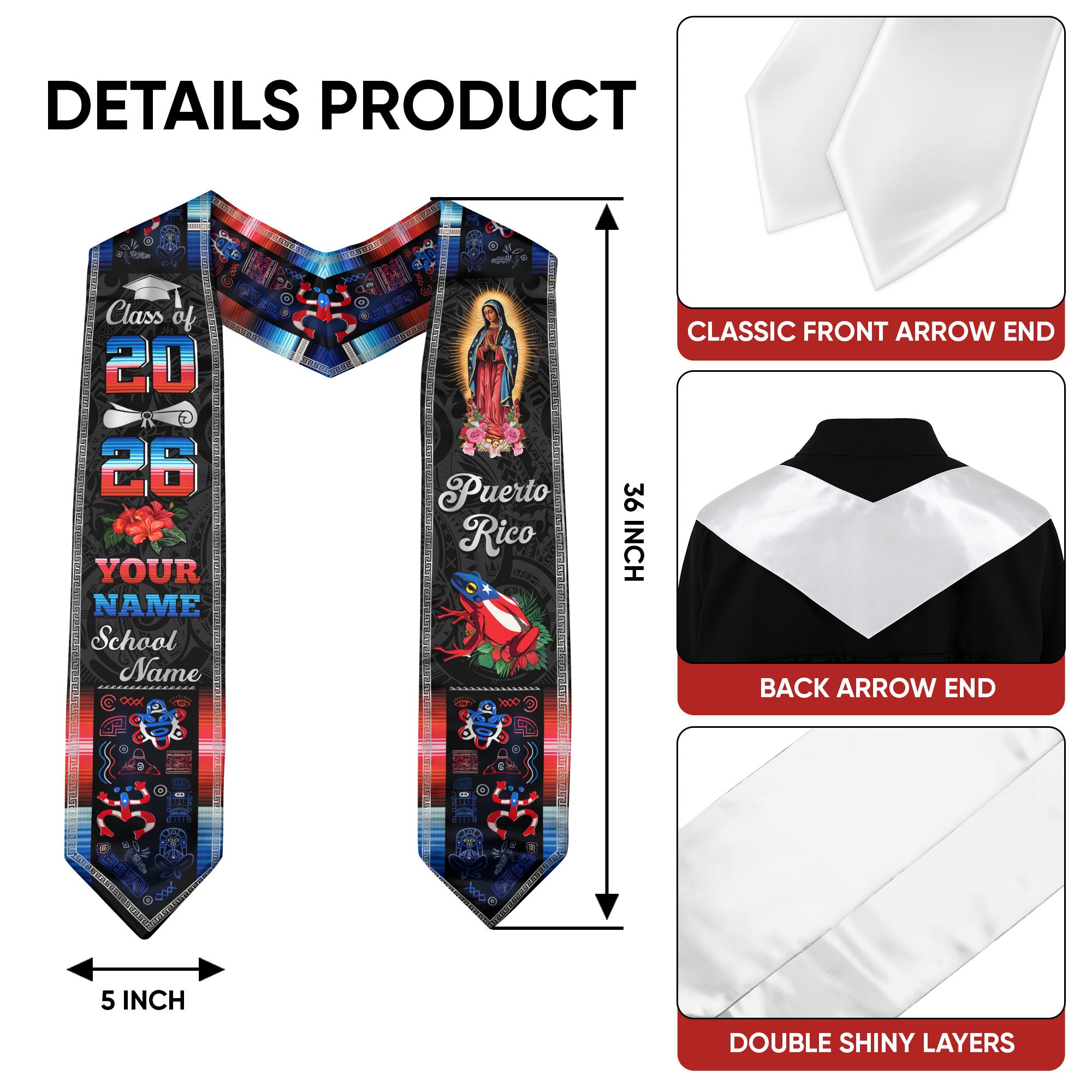 Custom Puerto Rico Graduation Stole 2026 Virgin Mary Coqui Frog Hibiscus Graduation Sash