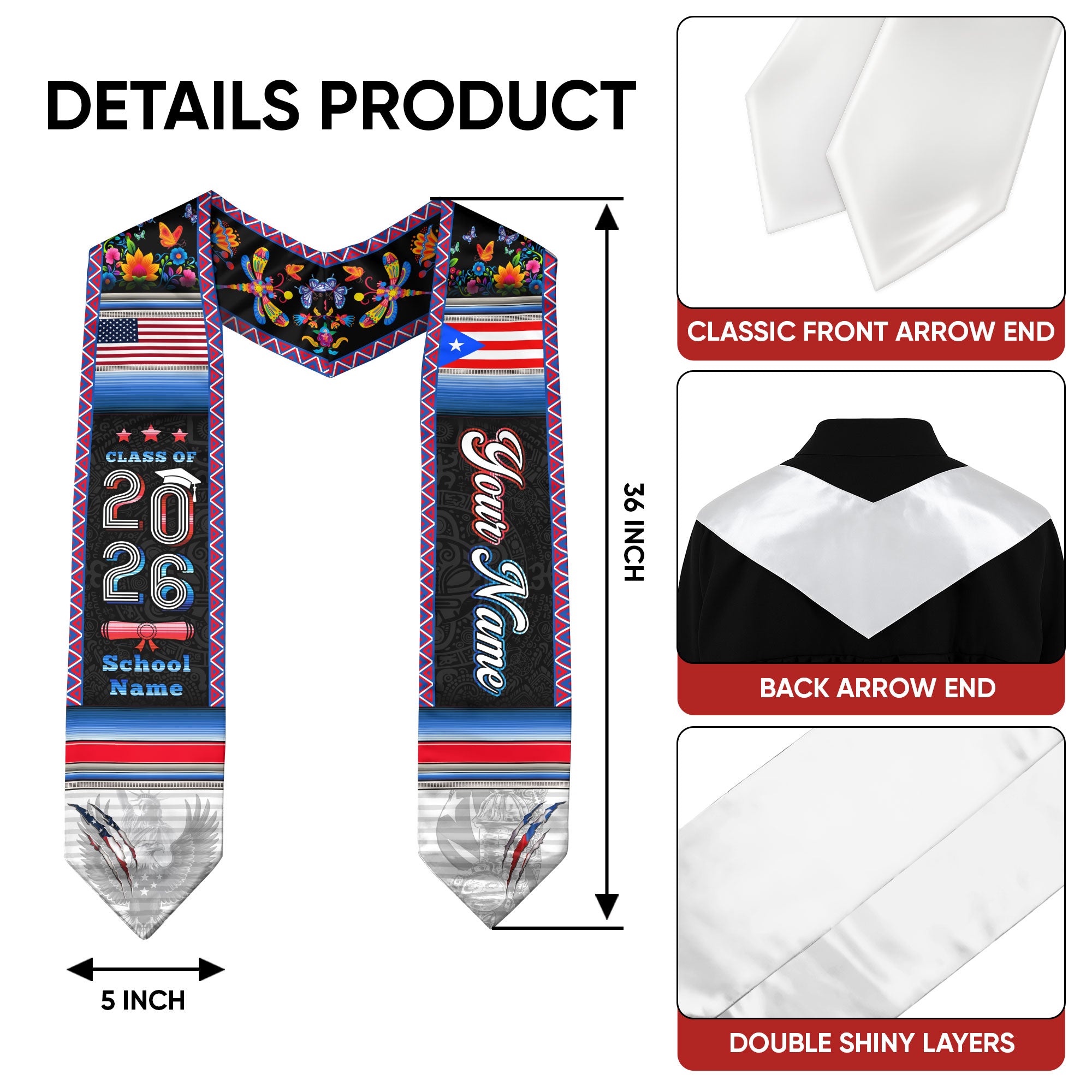 Custom Puerto Rico American Flag Graduation Sash 2026 Eagle Floral Puerto Rico Stole