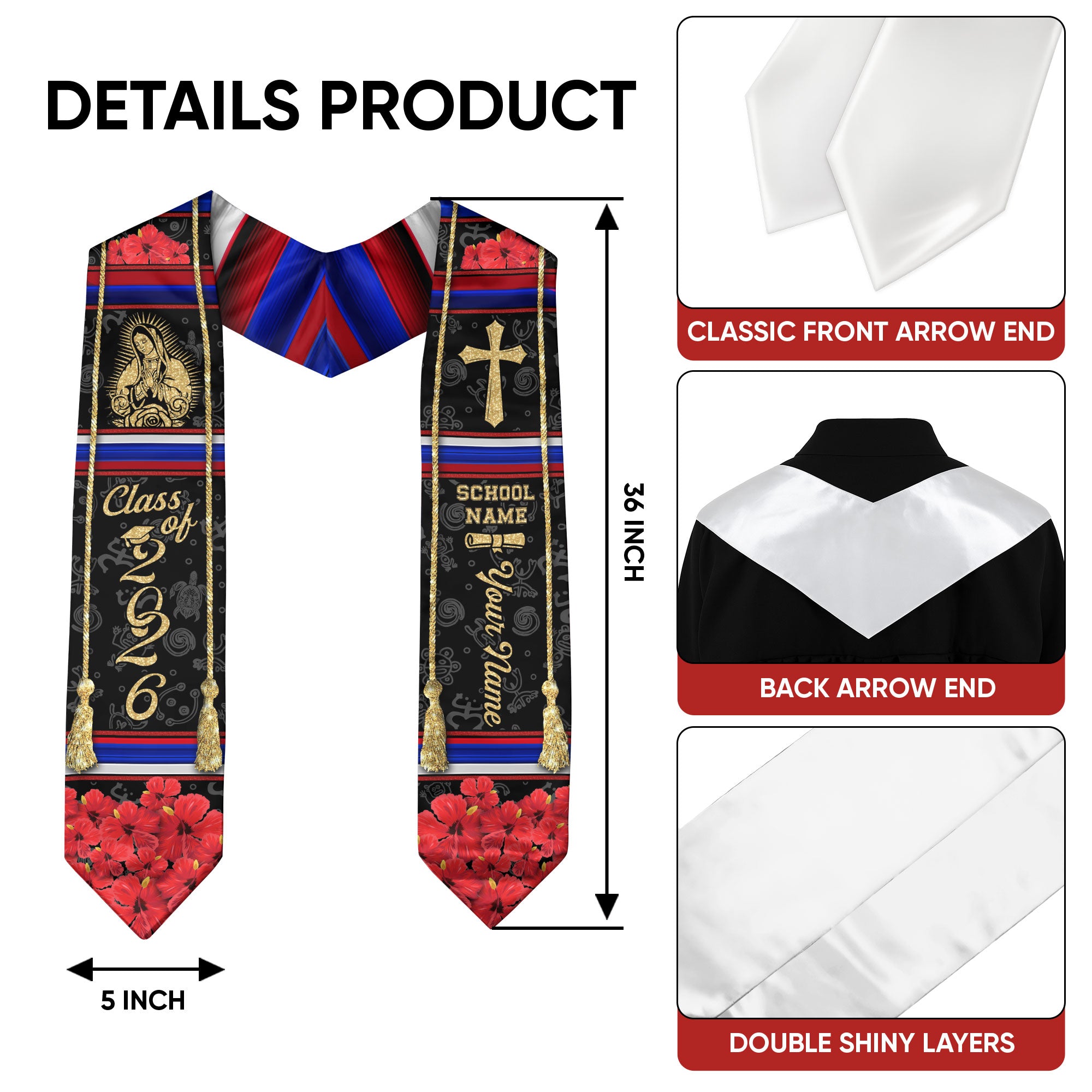 Puerto Rico Graduation Stole Virgin Mary & Cross Floral Class of 2026 Senior Sash