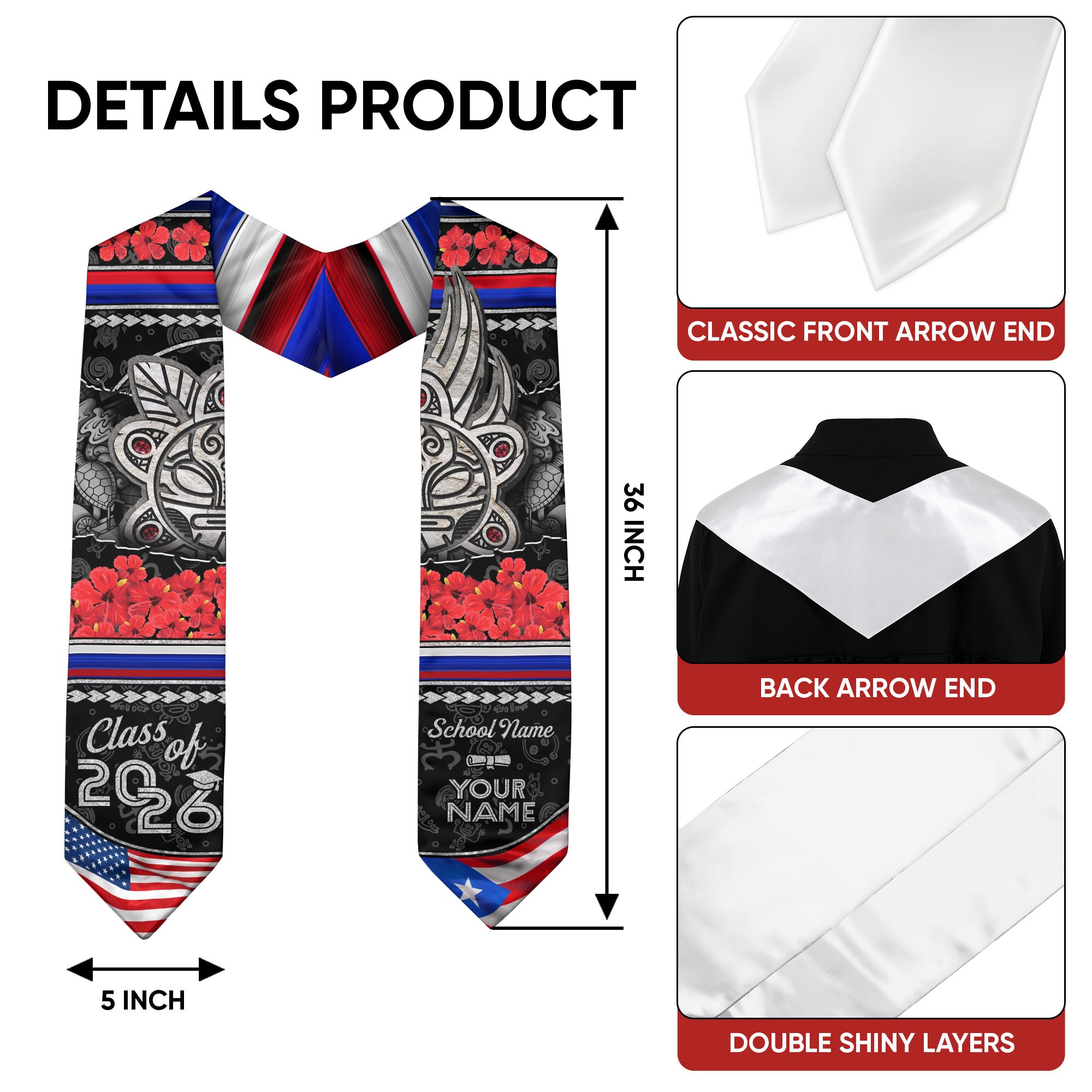 Custom Puerto Rico Graduation Stole Class of 2026 Hibiscus Flower Taino Art Flag Sash