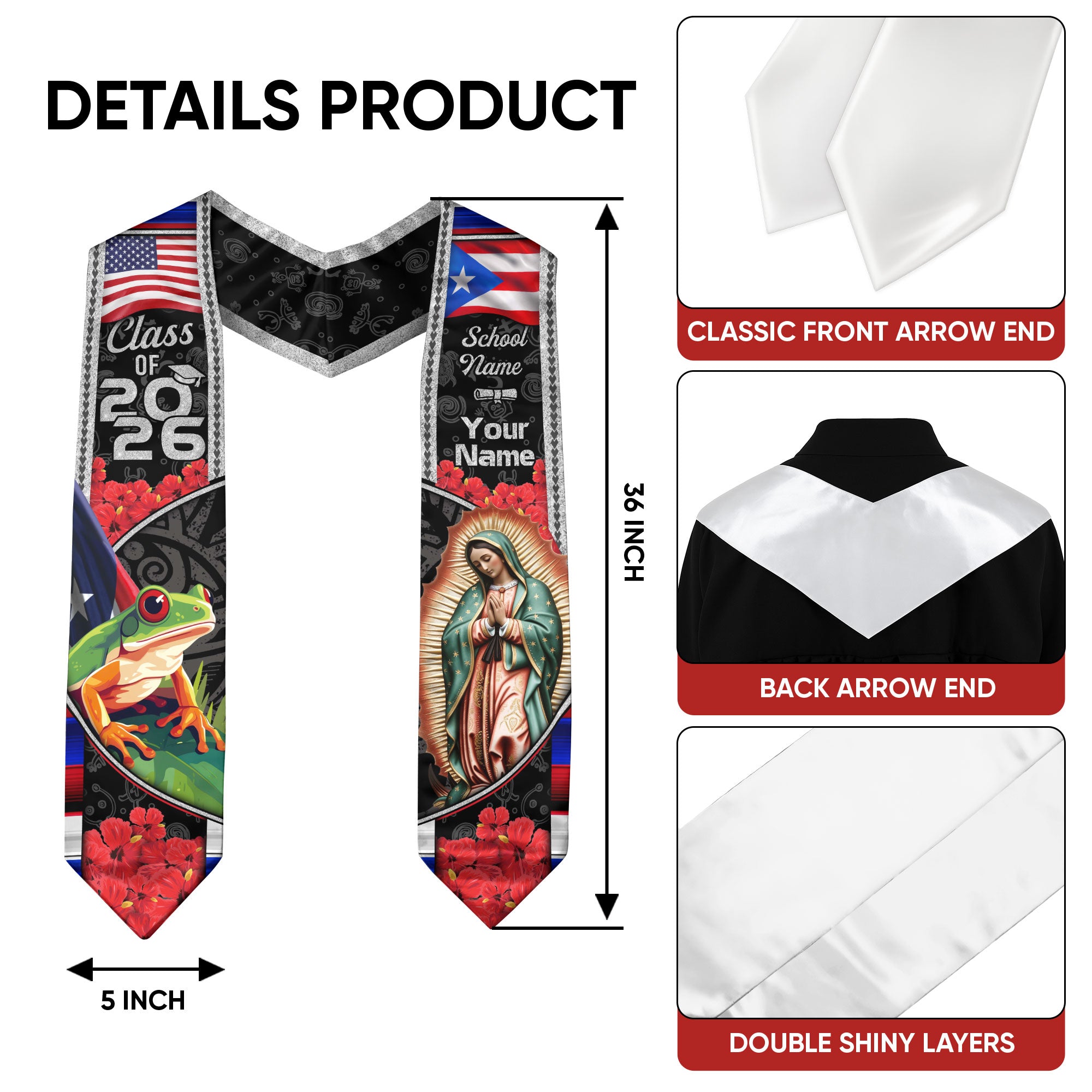Custom Puerto Rico American Flag Graduation Sash 2026 Coqui Frog Virgin Mary Stole
