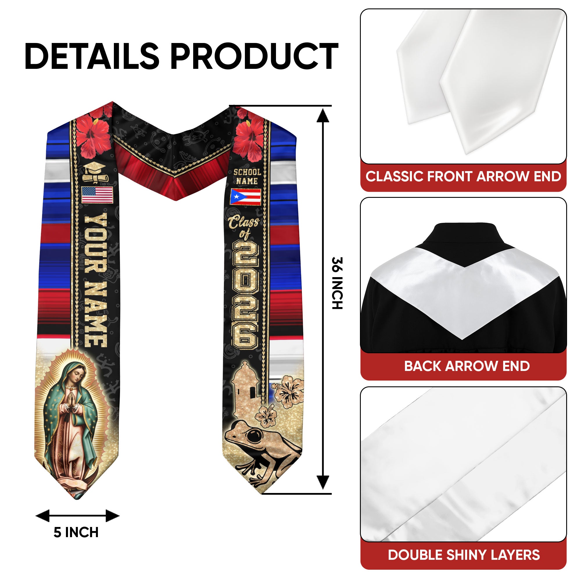 Custom Puerto Rico Graduation Sash 2026 Virgin Mary Coqui Frog American Flag Stole